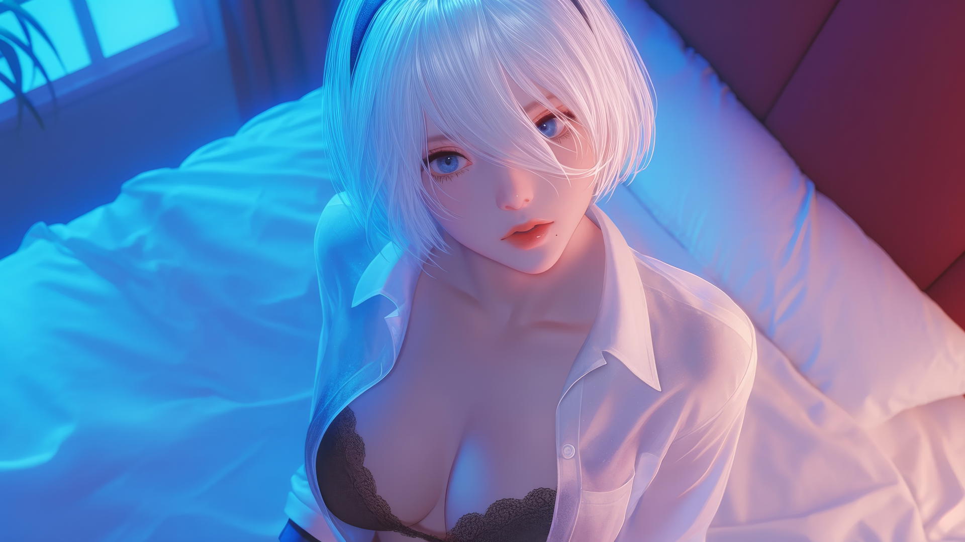 2B from Nier wearing white office shirt and black blindfold, looking up in neon-lit modern hotel room.