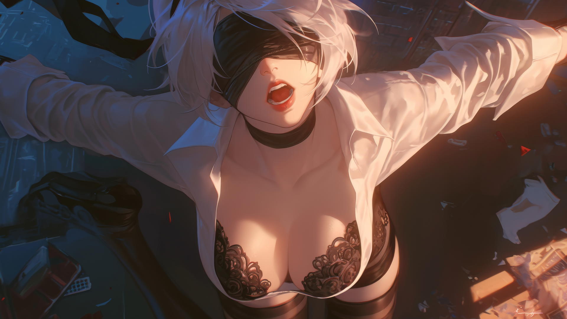 2B from Nier kneeling with a white shirt, looking up with a black blindfold