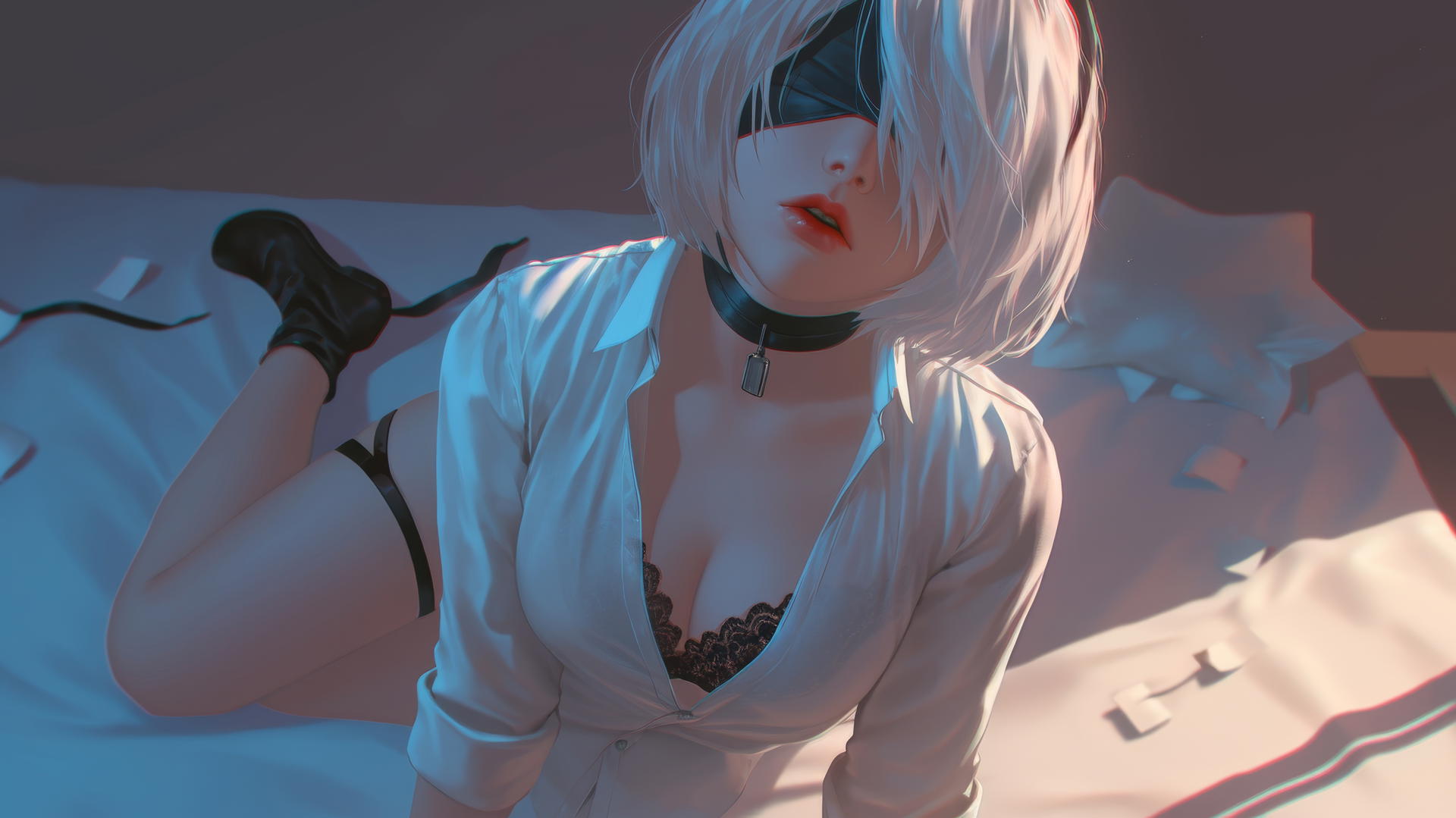 2B from Nier kneeling in a modern hotel room, looking up with a black blindfold.