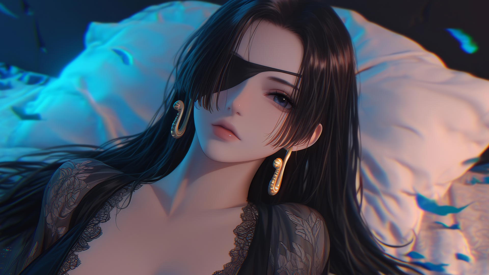 Boa Hancock kneeling and facing up, blindfolded like 2B from Nier, in a neon-lit hotel room.