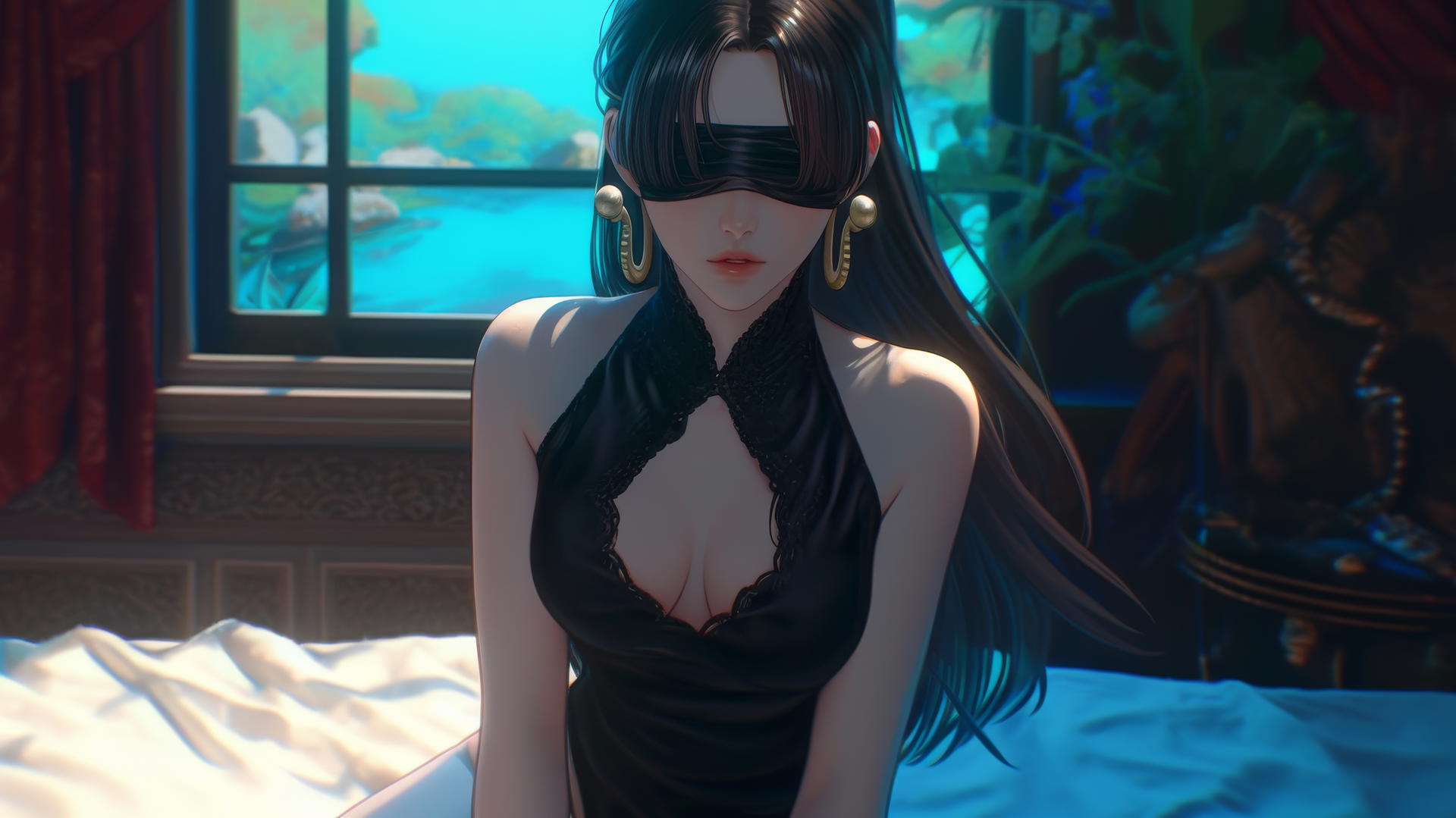 Boa Hancock kneeling blindfolded in neon-lit hotel room