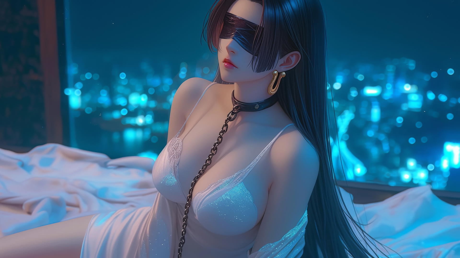 Boa Hancock kneeling with blindfold, neon-lit modern hotel room