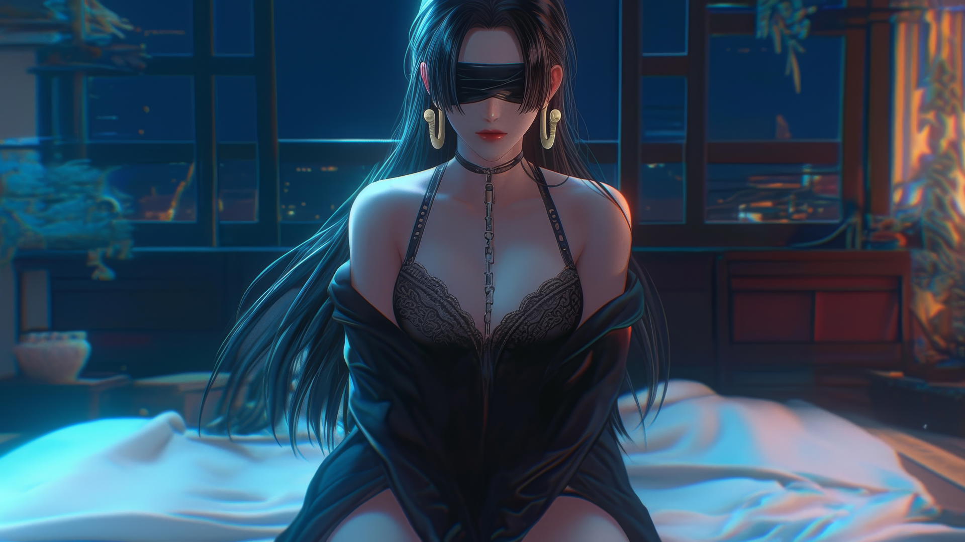 Boa Hancock from One Piece blindfolded with chains in a romantic, neon-lit modern hotel room, kneeling and facing upwards.