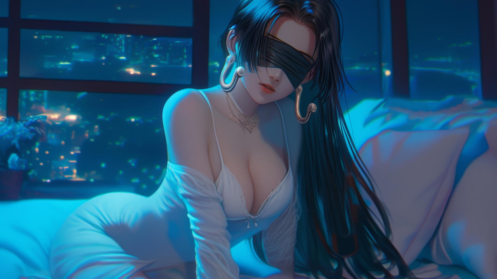 Boa Hancock kneeling in a neon-lit modern hotel room, blindfolded and dressed in white.