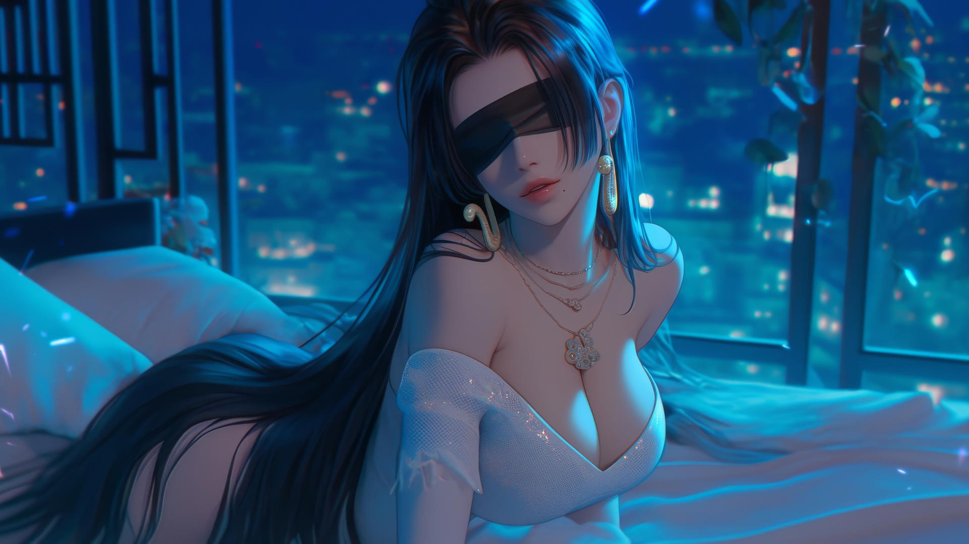 Boa Hancock kneeling, blindfolded, in a softly-lit modern hotel room