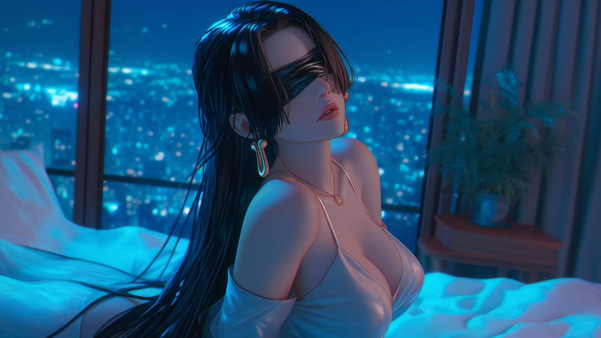 Boa Hancock blindfolded, kneeling and facing upward in a modern hotel room with neon lighting.