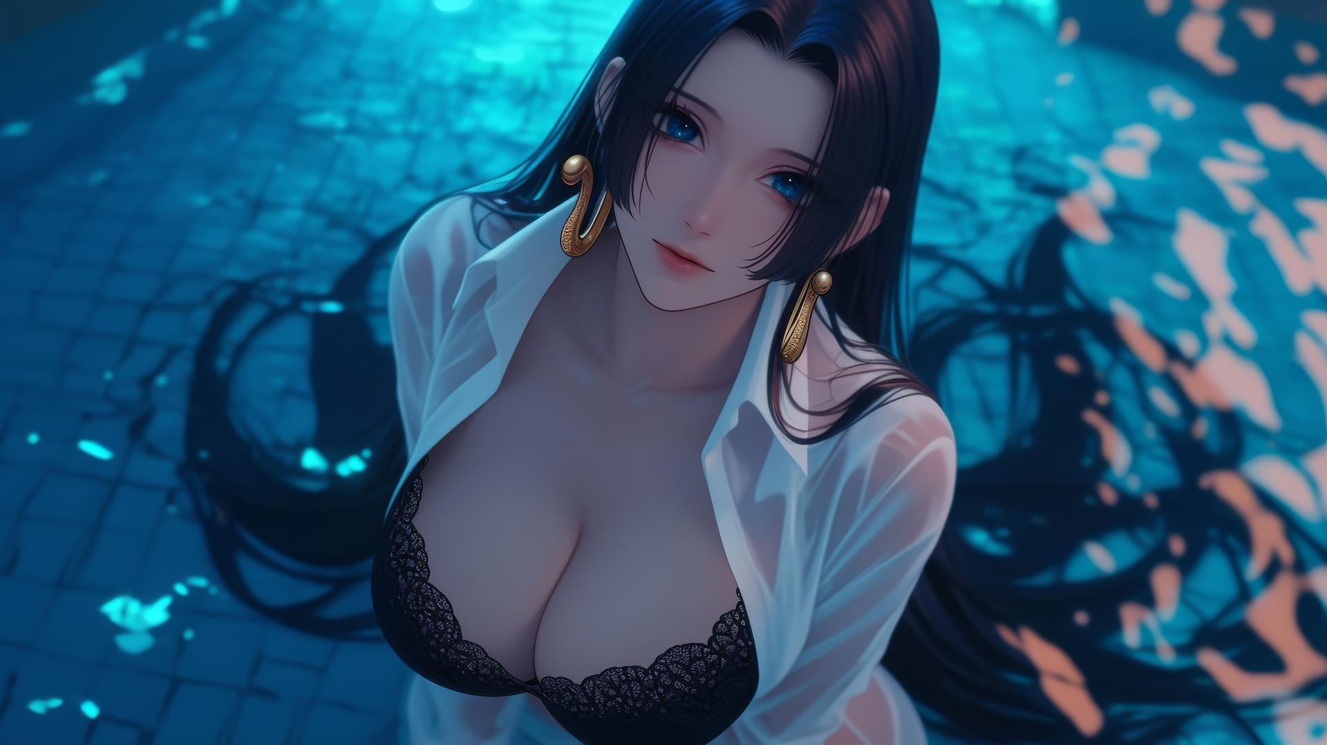 Boa Hancock kneeling in a modern hotel room lit by neon lights.