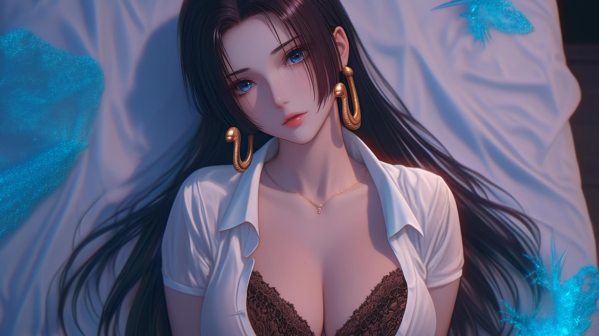 Boa Hancock from One Piece in white shirt kneeling, neon-lit room