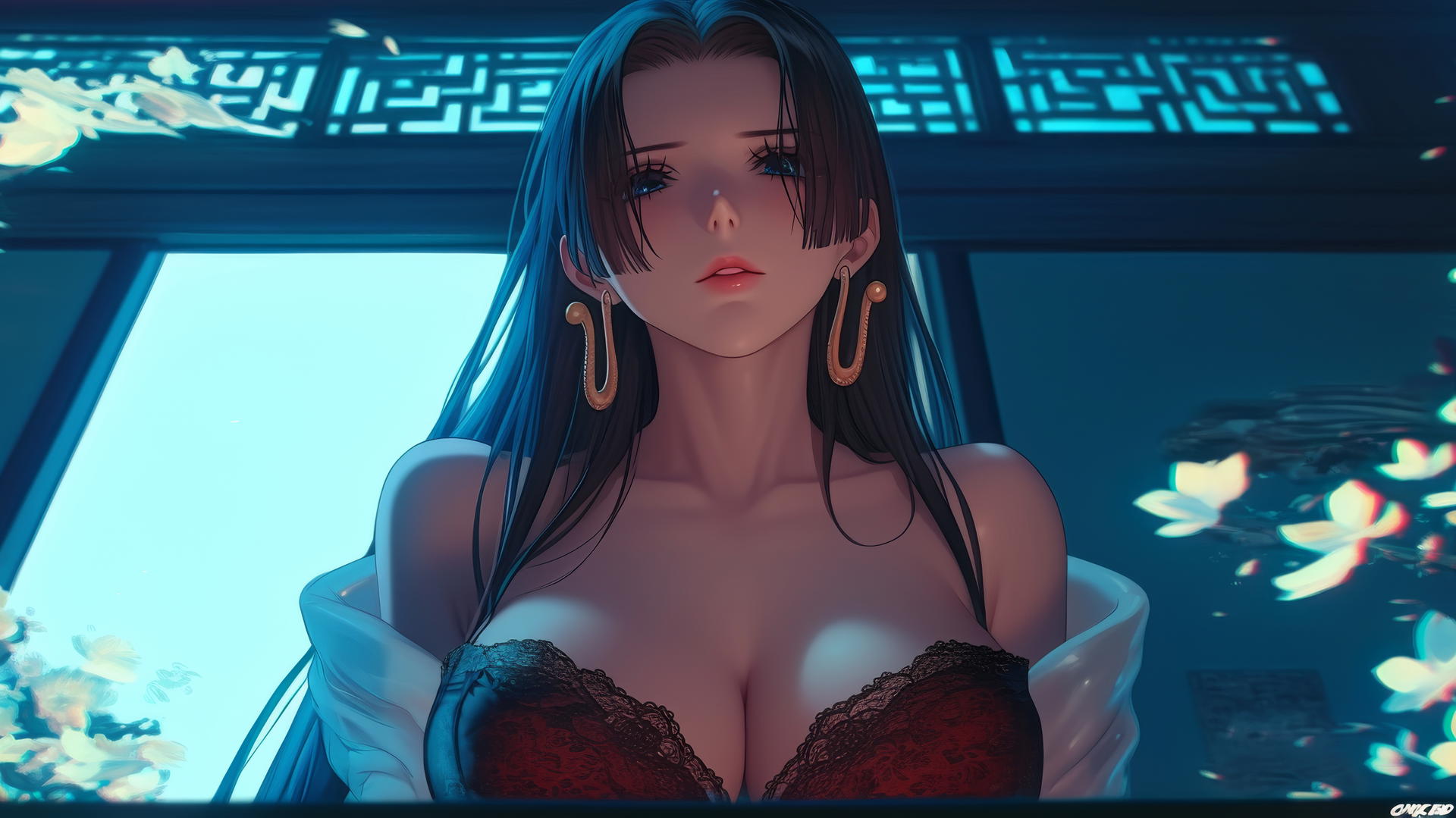 Boa Hancock from One Piece kneeling, looking down with a neon-lit ceiling background.