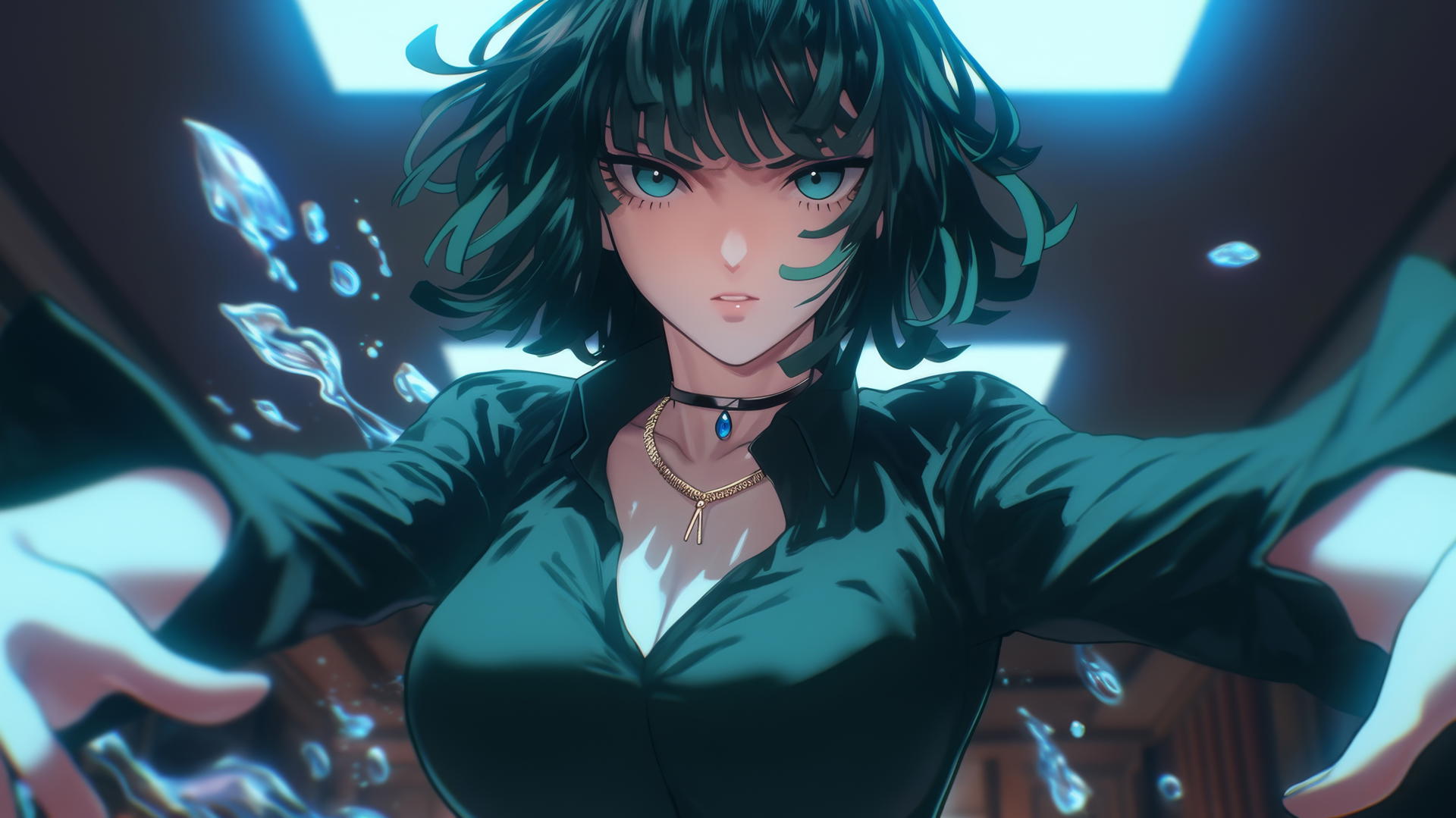 Fubuki from One Punch Man kneeling, looking down with hotel ceiling and neon light.