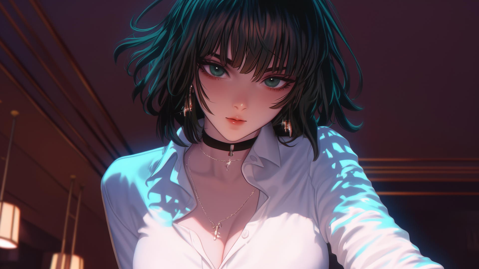 Fubuki from One Punch Man seen from below in a white office shirt with a glowing hotel ceiling background and neon lights.