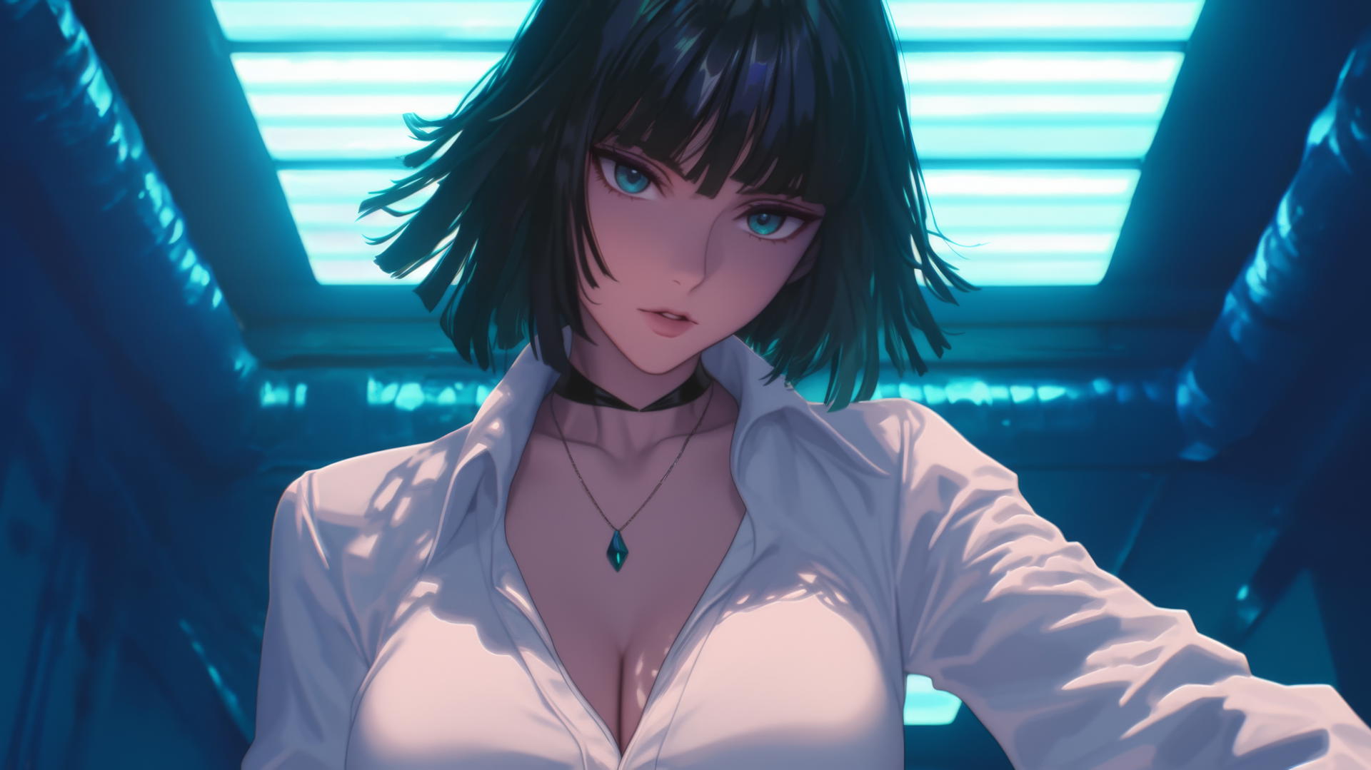 Fubuki from One Punch Man leaning toward with a soft neon glow