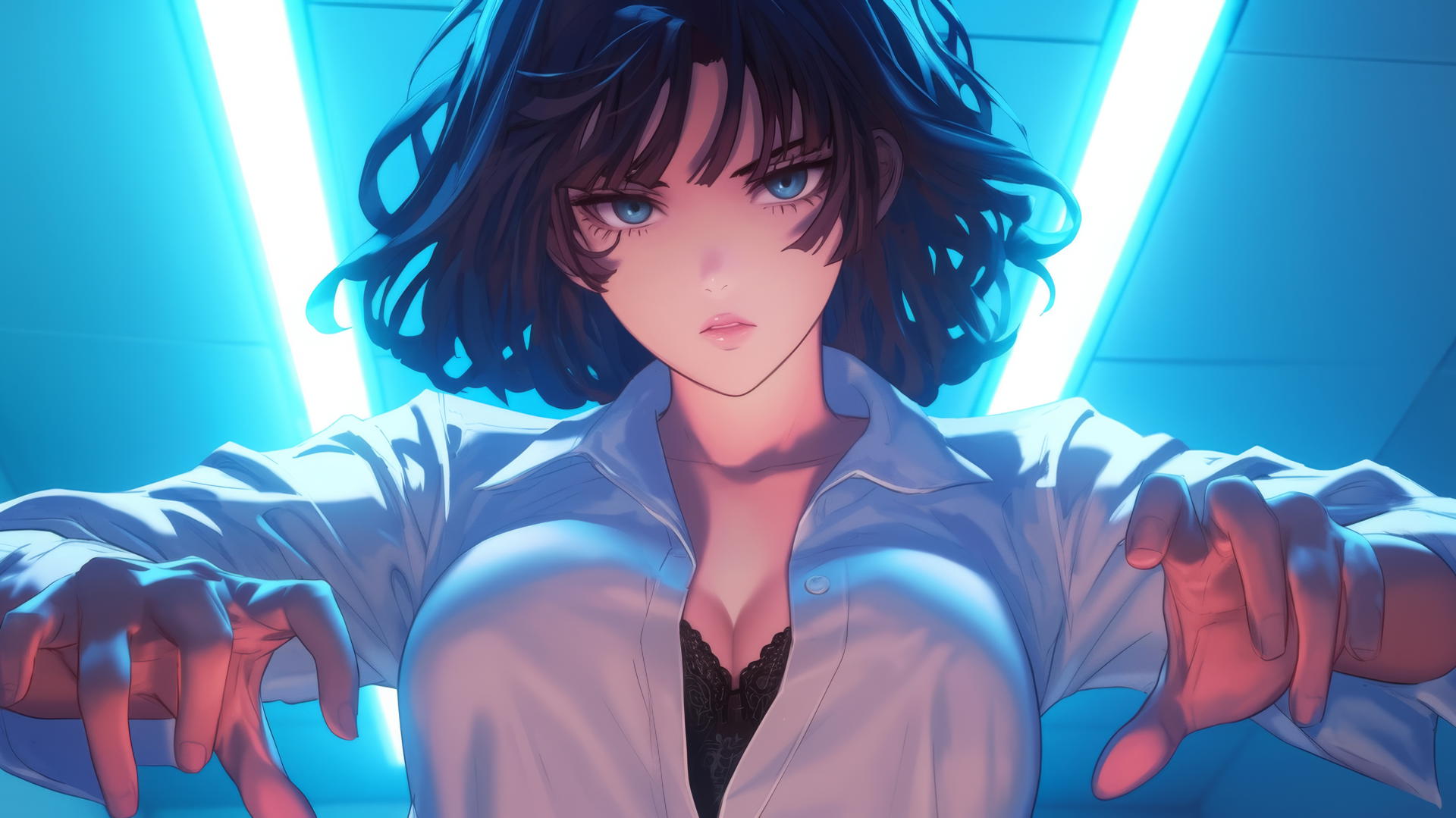Fubuki from One Punch Man, seen from below, in a white office shirt with a hotel ceiling background.