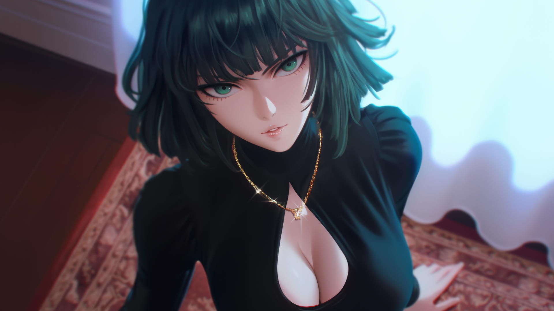 Fubuki from One Punch Man kneeling and looking up in neon-lit hotel room.