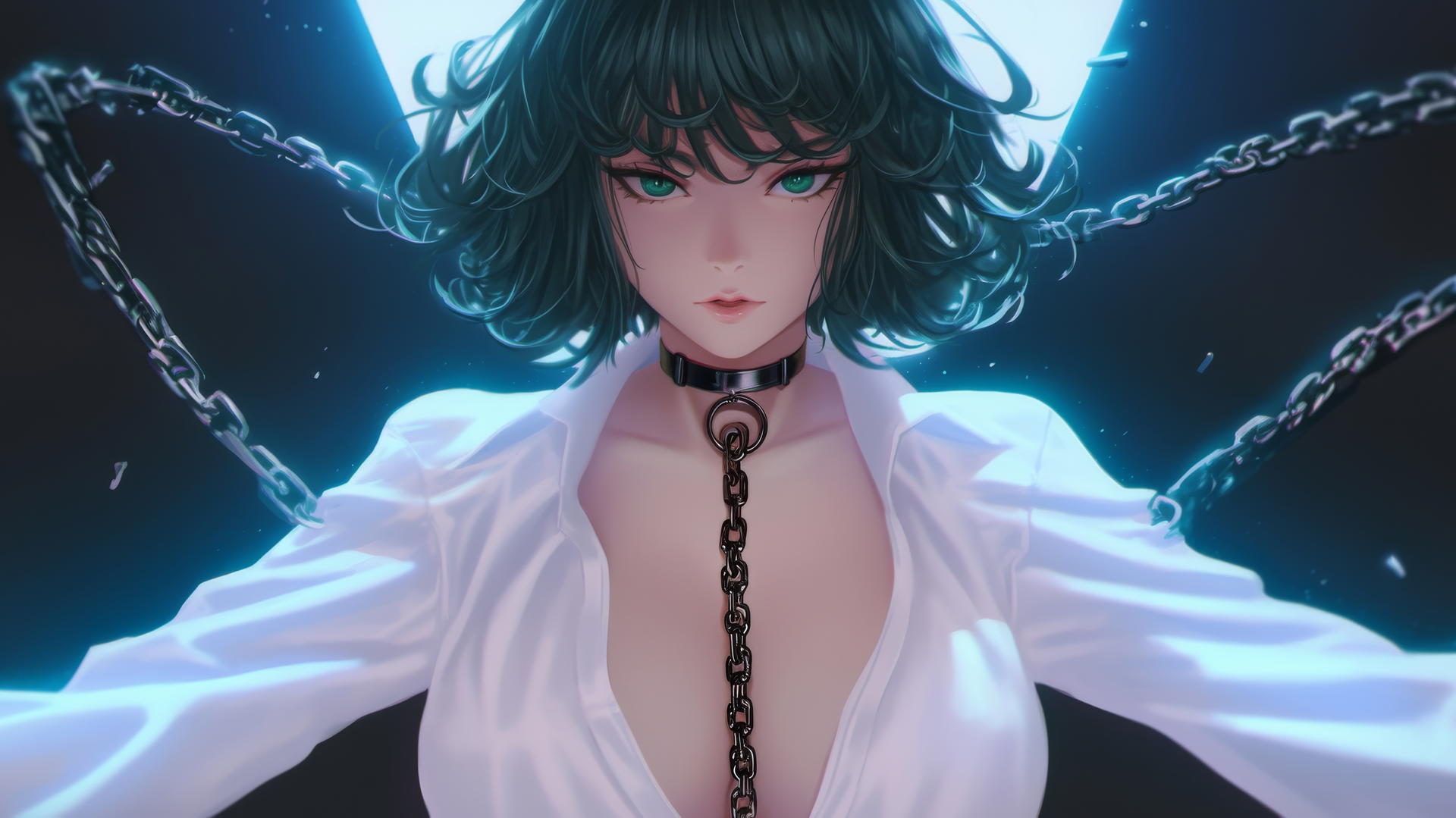 Fubuki from One Punch Man wearing a white office shirt, chained, with dark green hair and light green eyes, neon-lit hotel ceiling in background.