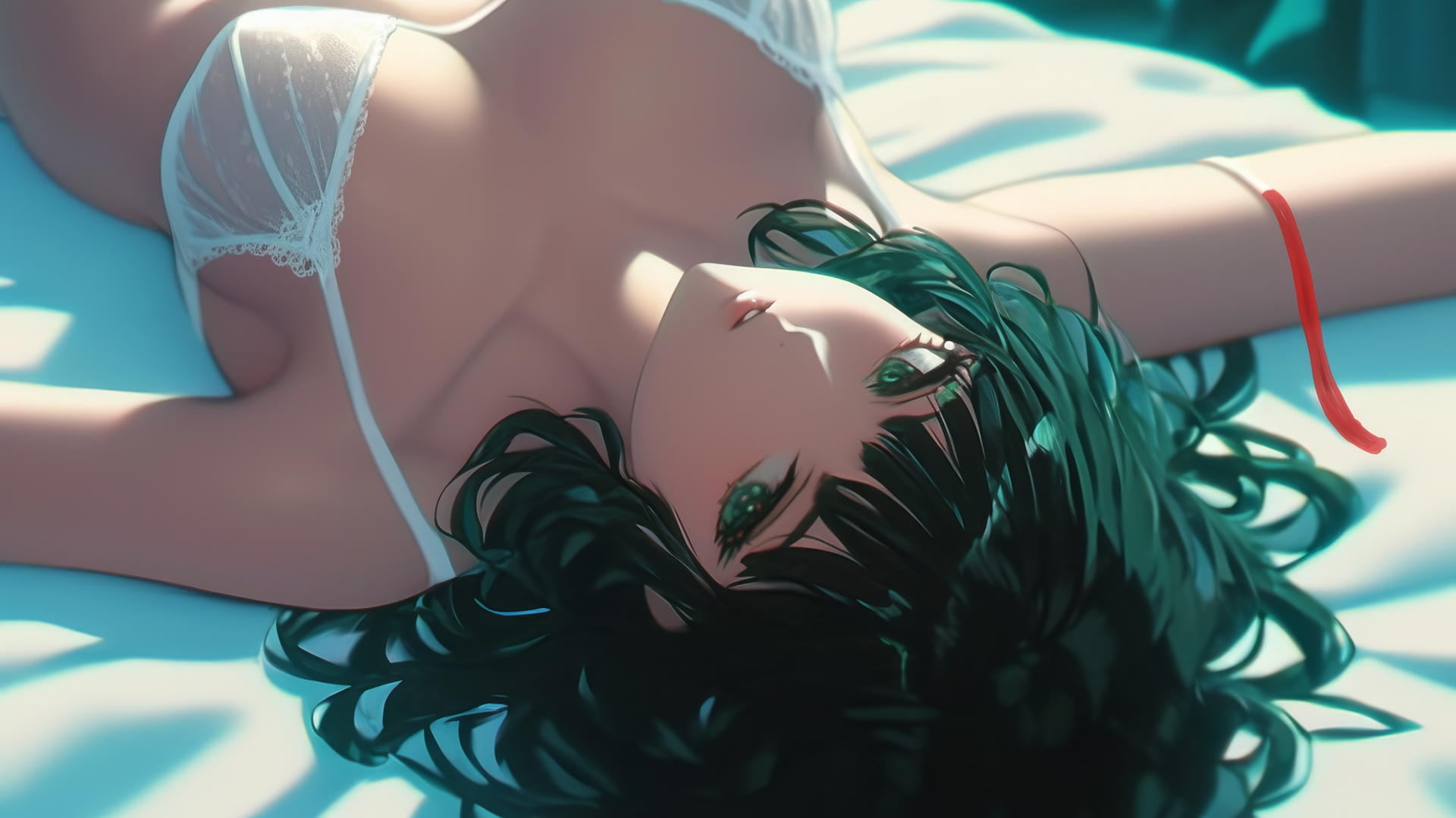 Fubuki from One Punch Man upside down, head hanging out of bed with neon light glow.