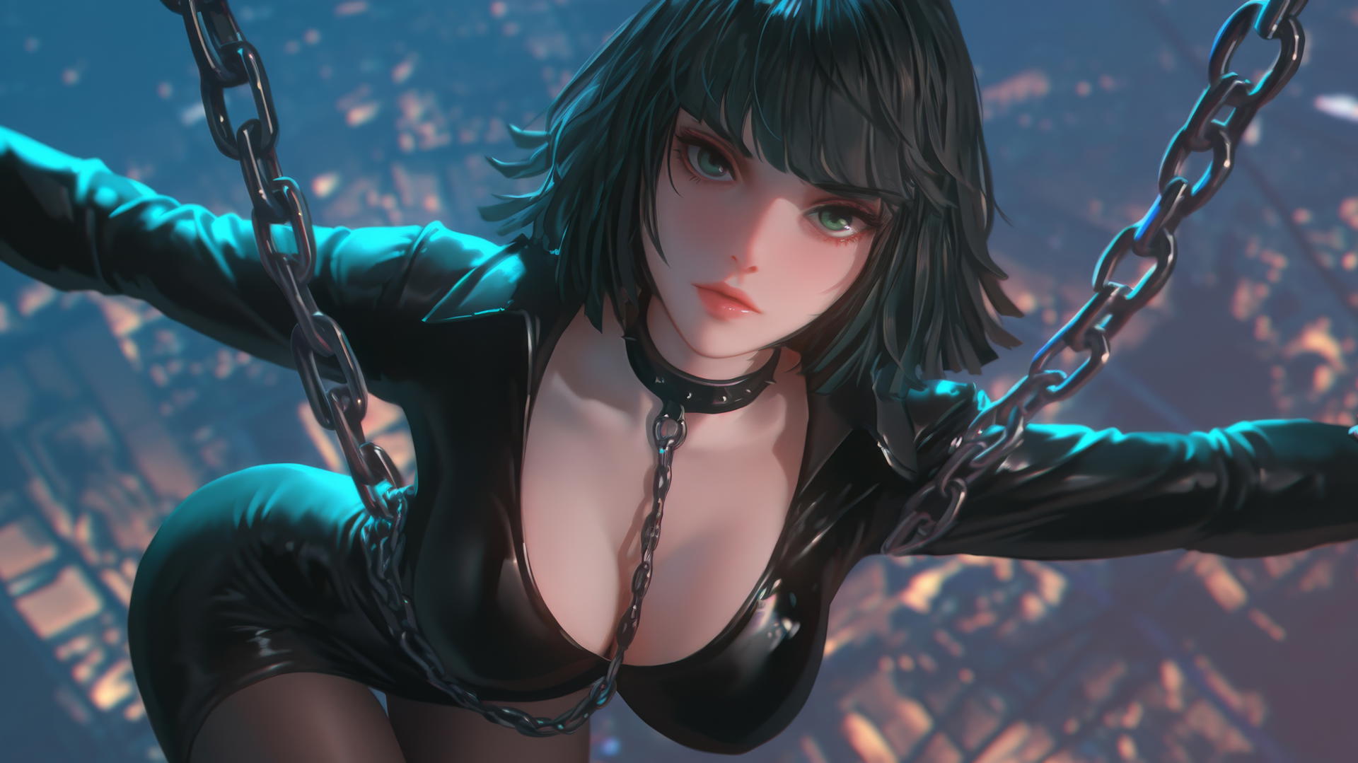Fubuki from One Punch Man kneeling, locked in chains, neon-lit modern hotel room
