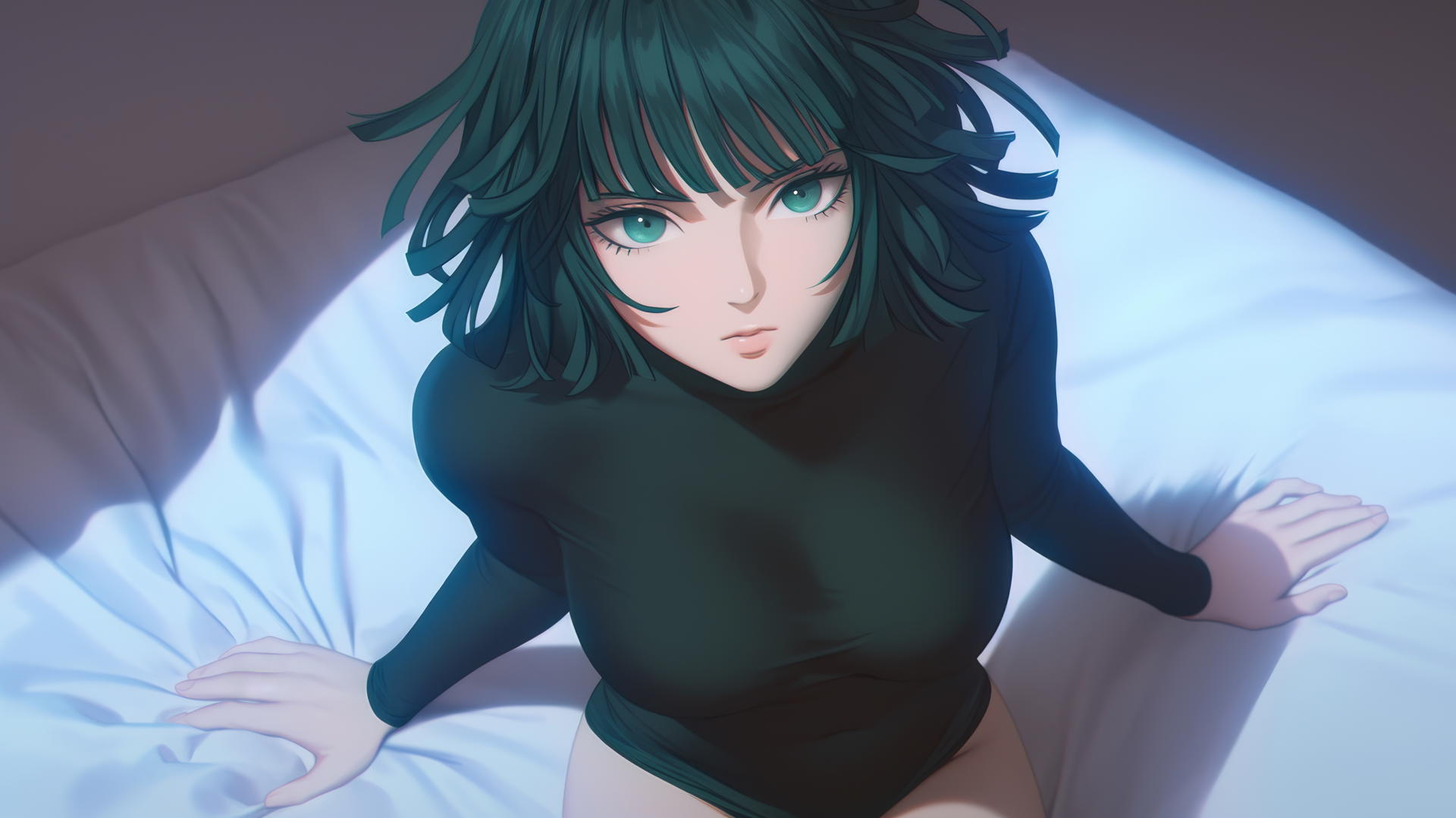 Fubuki from One Punch Man kneeling and looking up, neon light glow, dark green bob haircut, light green eyes.