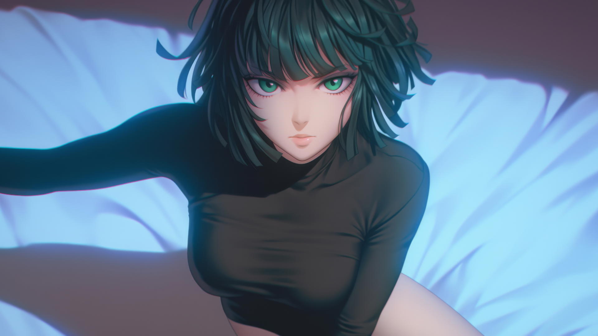 Fubuki from One Punch Man kneeling, looking up, neon-lit modern hotel room