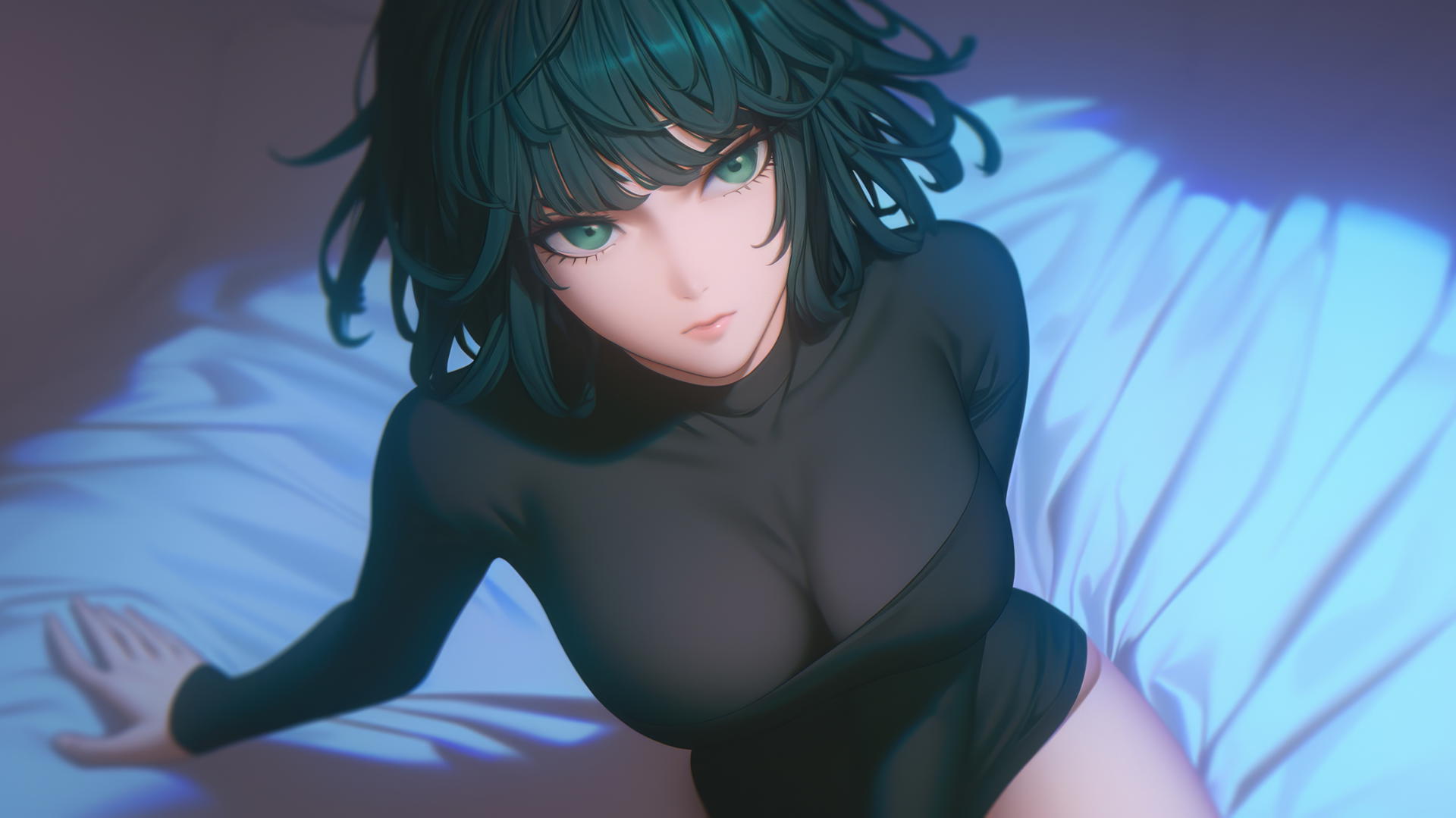 Fubuki from One Punch Man kneeling, looking up, in neon-lit modern room.