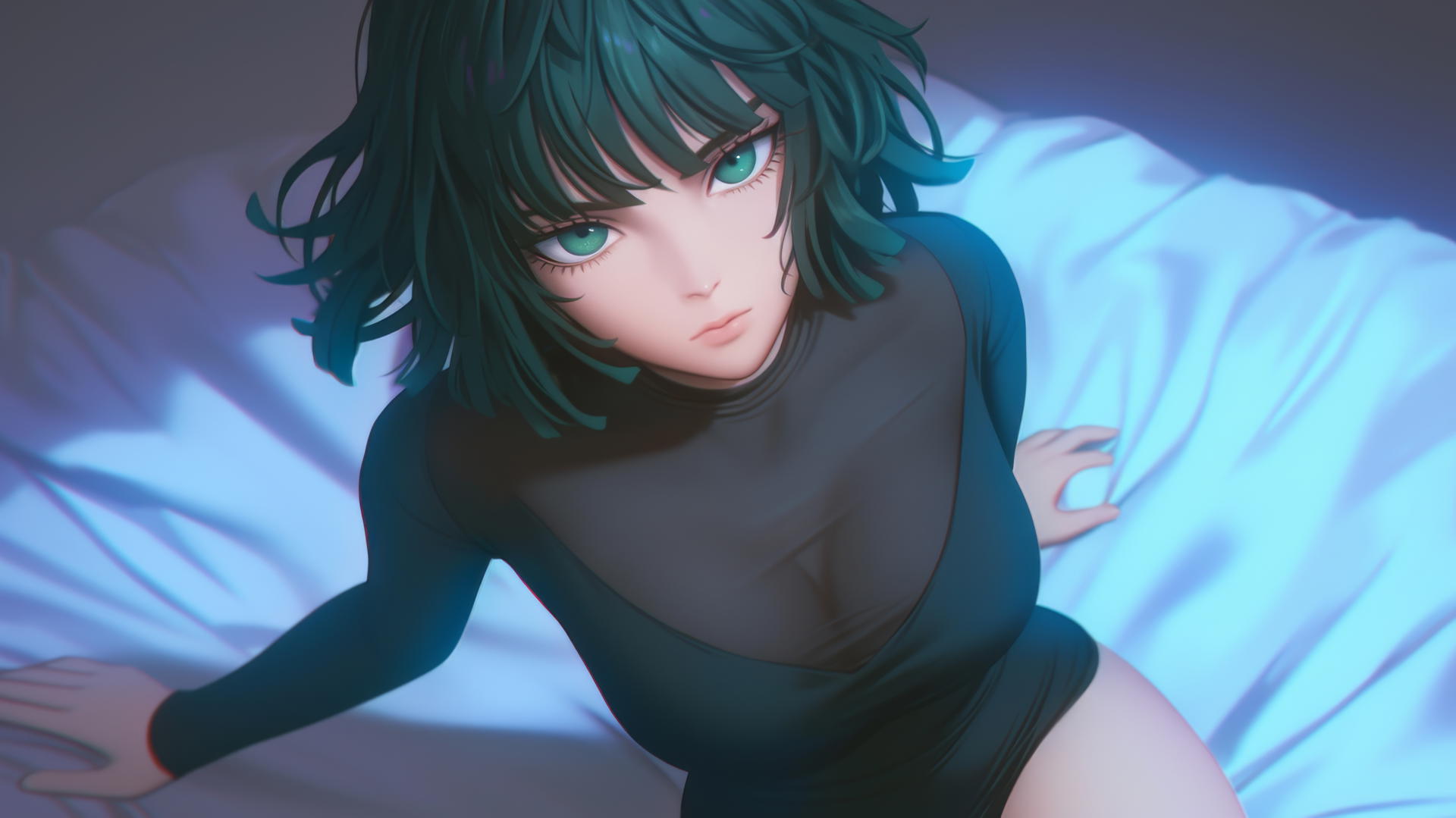 Fubuki from One Punch Man kneeling, looking up with neon light in hotel room
