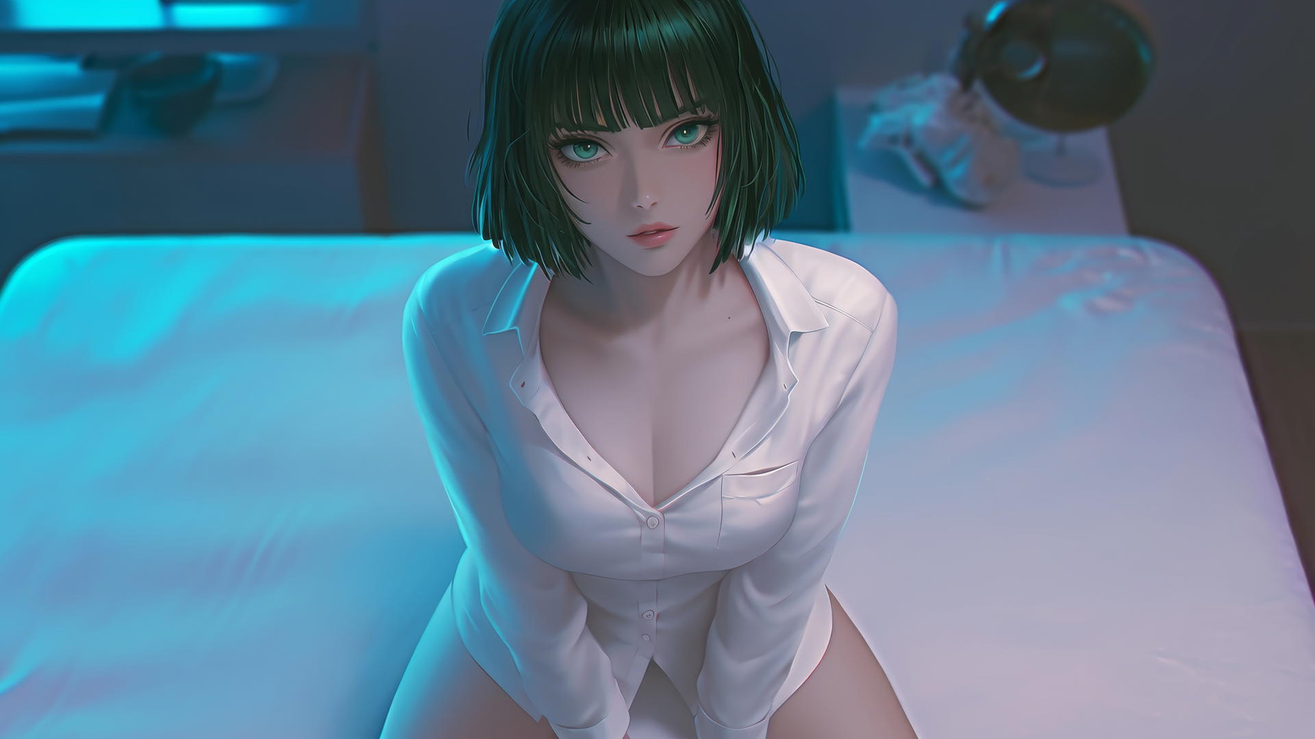 Fubuki from One Punch Man, kneeling in a modern hotel room illuminated by neon light.
