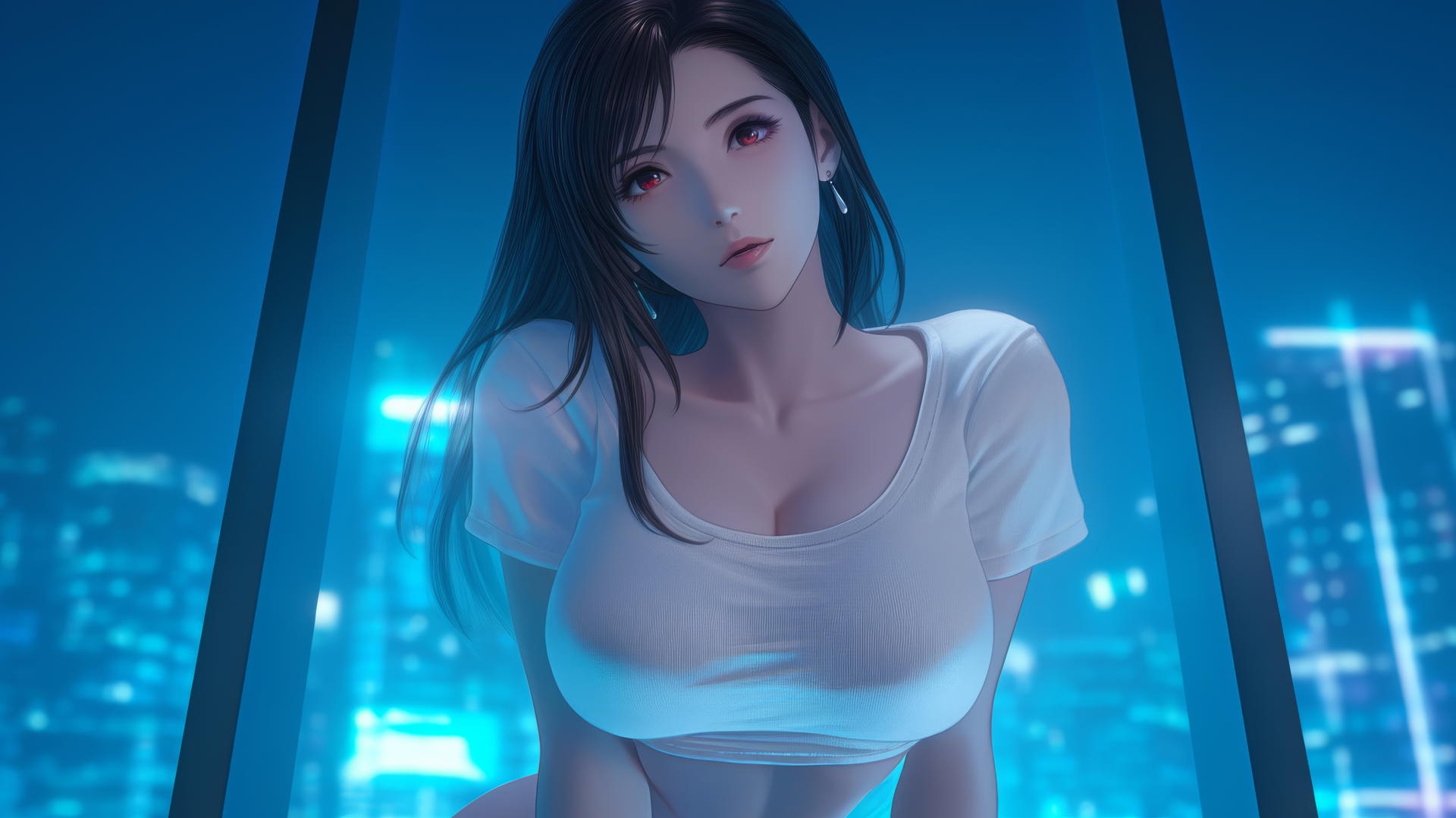 Tifa Lockhart wearing a white t-shirt, kneeling, seen from below, with hotel ceiling and neon light background.
