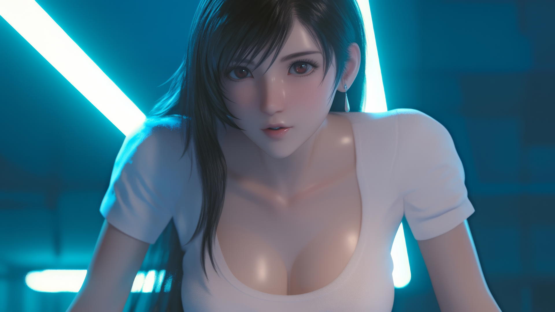 Tifa Lockhart in broken white t-shirt under neon-lit hotel ceiling, leaning forward.