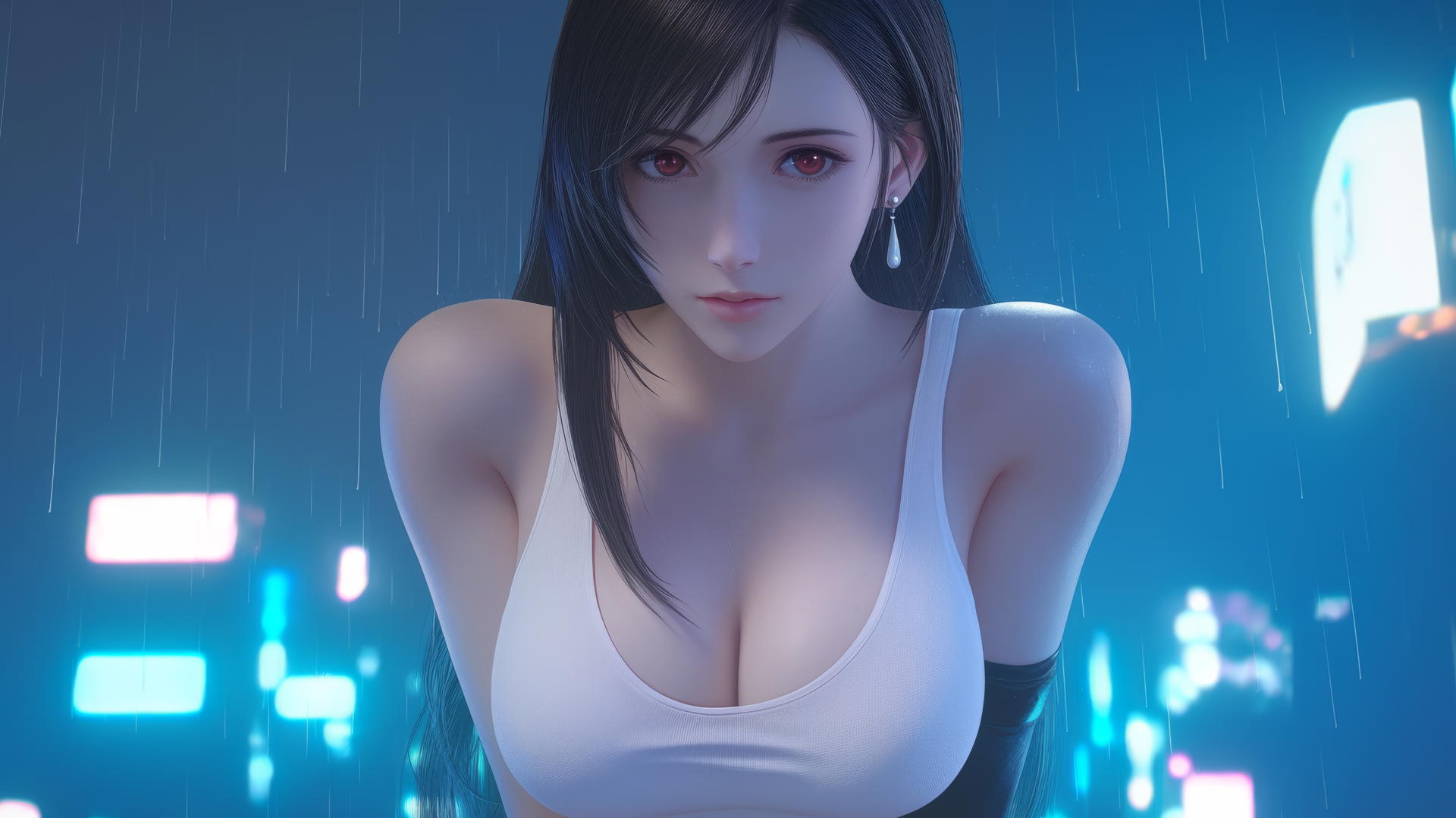 Tifa Lockhart kneeling, leaning forward under hotel ceiling with neon lights and rain