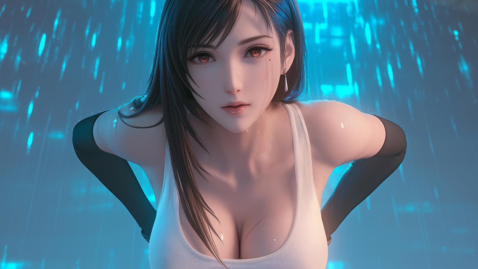 Tifa Lockhart in a broken white t-shirt, kneeling under neon-lit hotel ceiling.