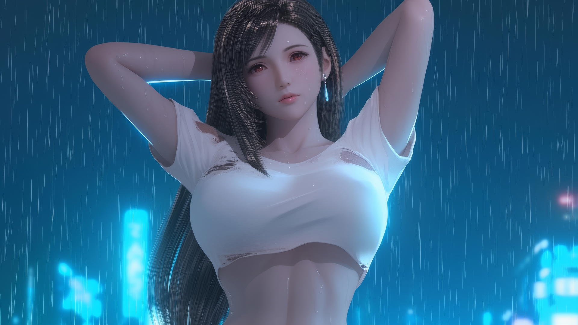 Tifa Lockhart in a broken white t-shirt, kneeling under neon-lit hotel ceiling