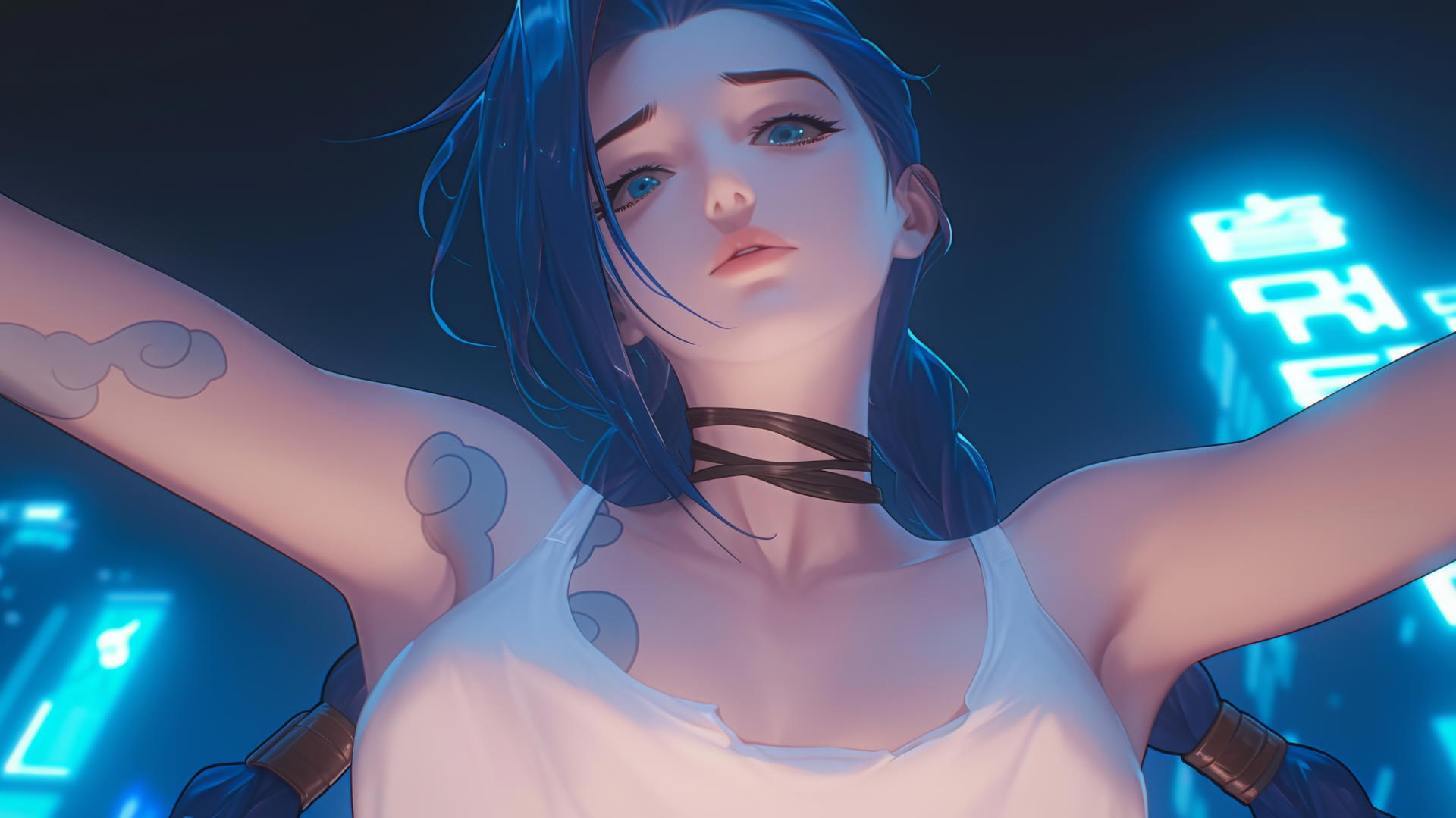 Jinx from League of Legends kneeling under neon-lit hotel ceiling, looking down.