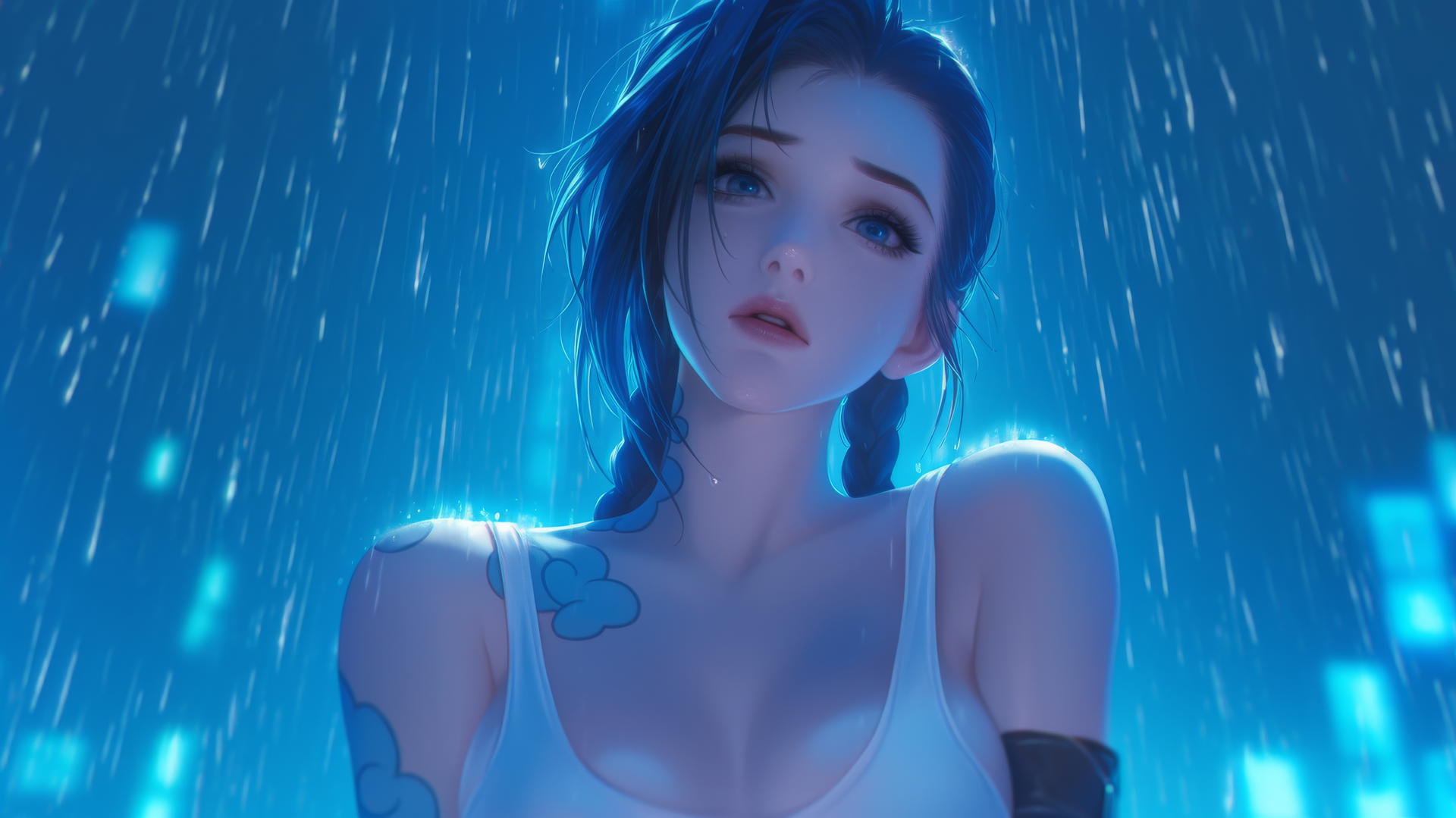 Jinx from League of Legends kneeling, looking down, under a neon-lit hotel ceiling.