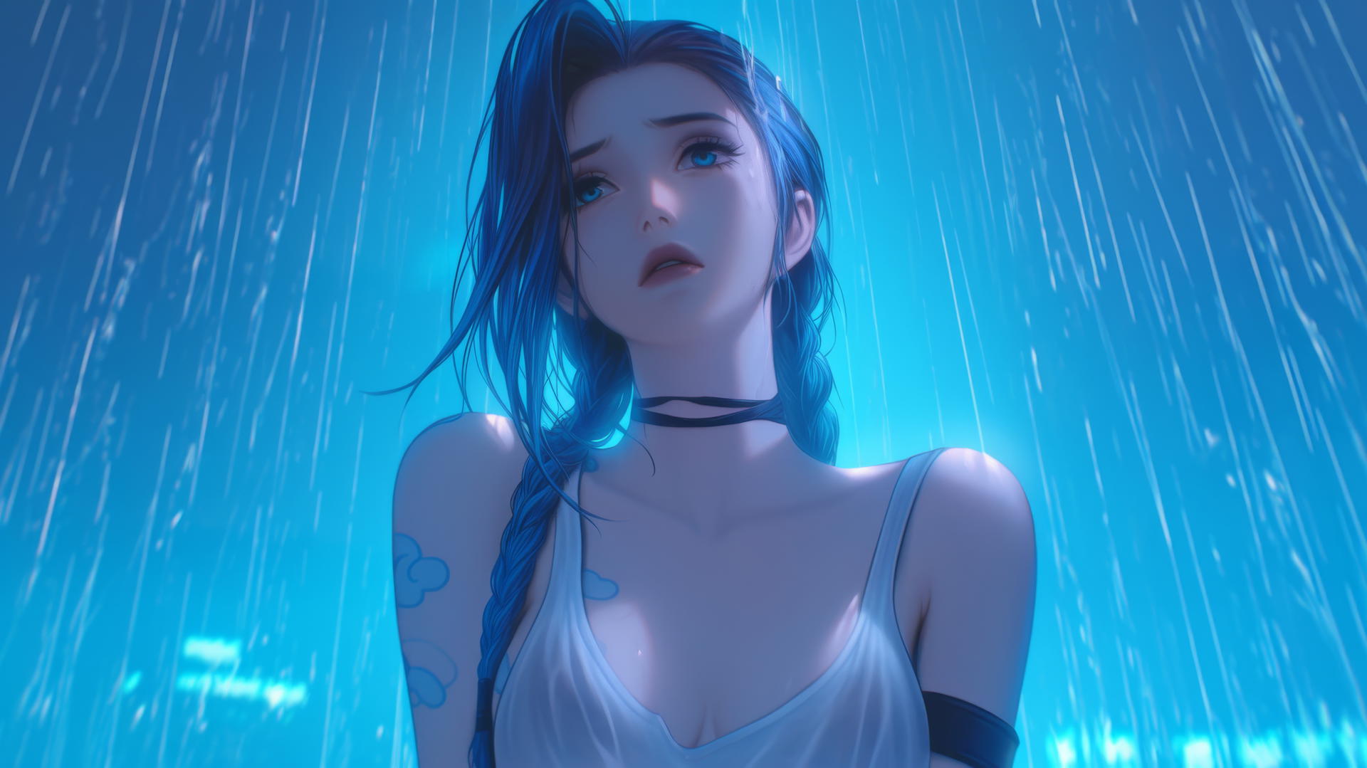 Jinx from League of Legends kneeling and leaning, hotel ceiling background, neon glow