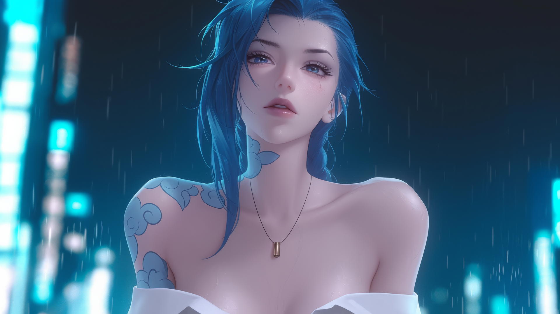 Jinx from League of Legends in white shirt, kneeling, with neon light.