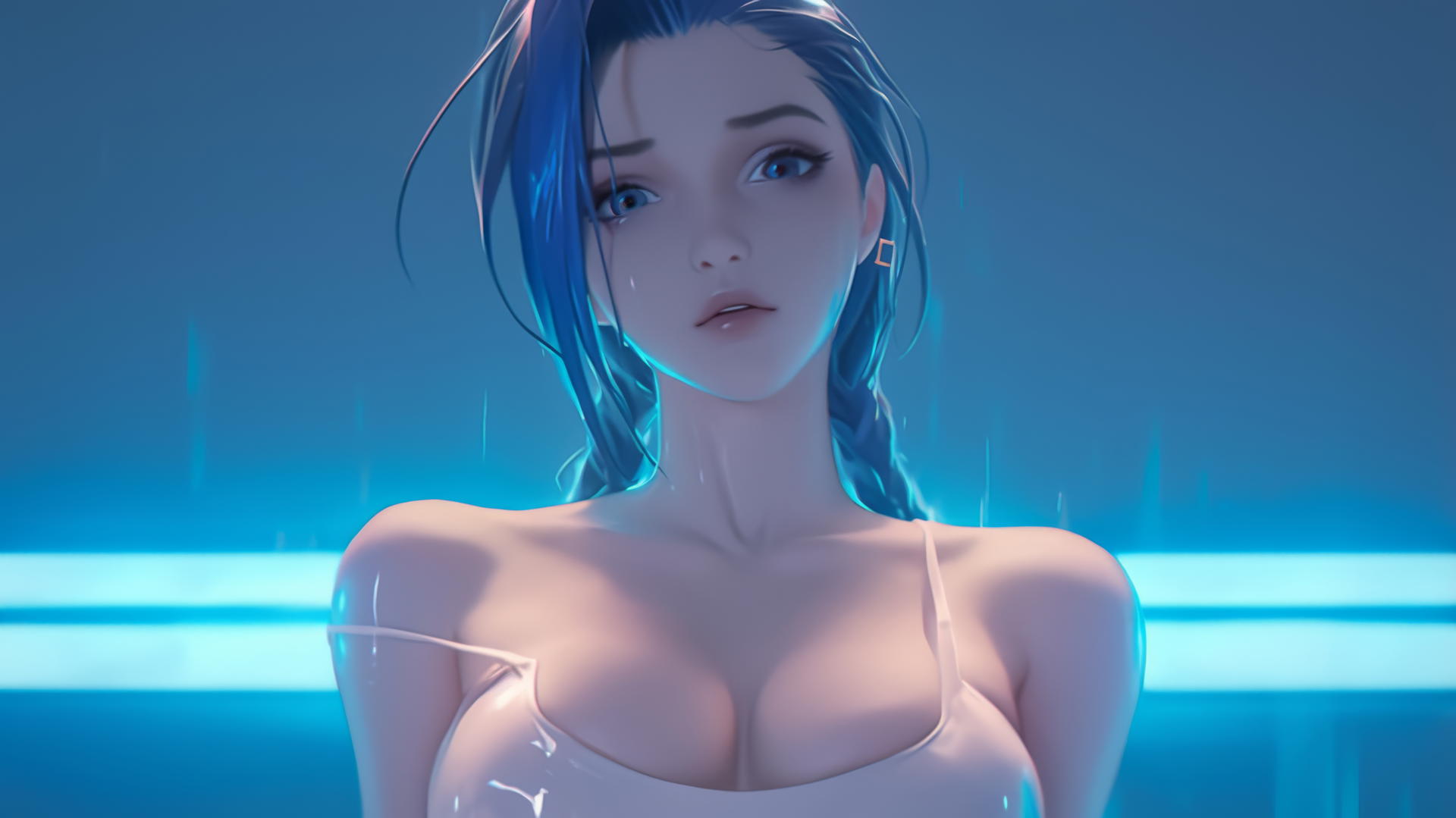 Jinx from League of Legends kneeling, looking down, with apartment ceiling background.