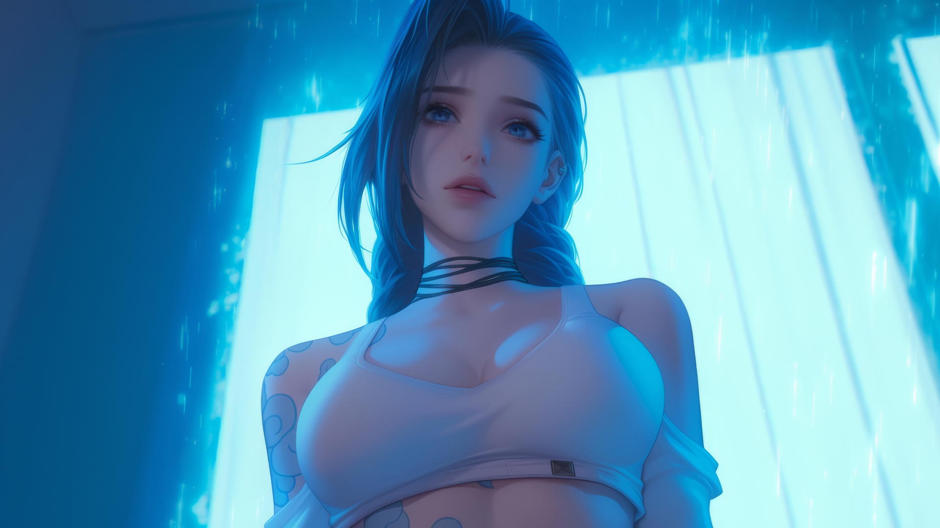 Jinx from League of Legends kneeling, seen from below, with a warm light glow
