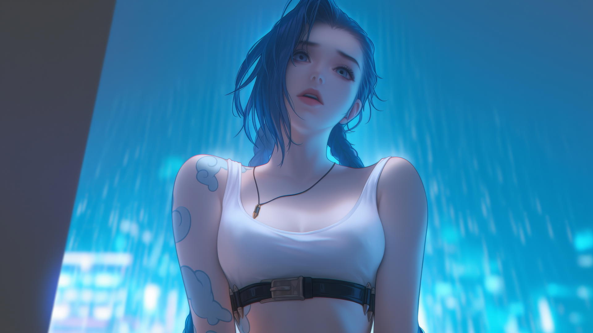 Jinx from League of Legends leaning forward, wearing a broken white t-shirt, with apartment ceiling background.