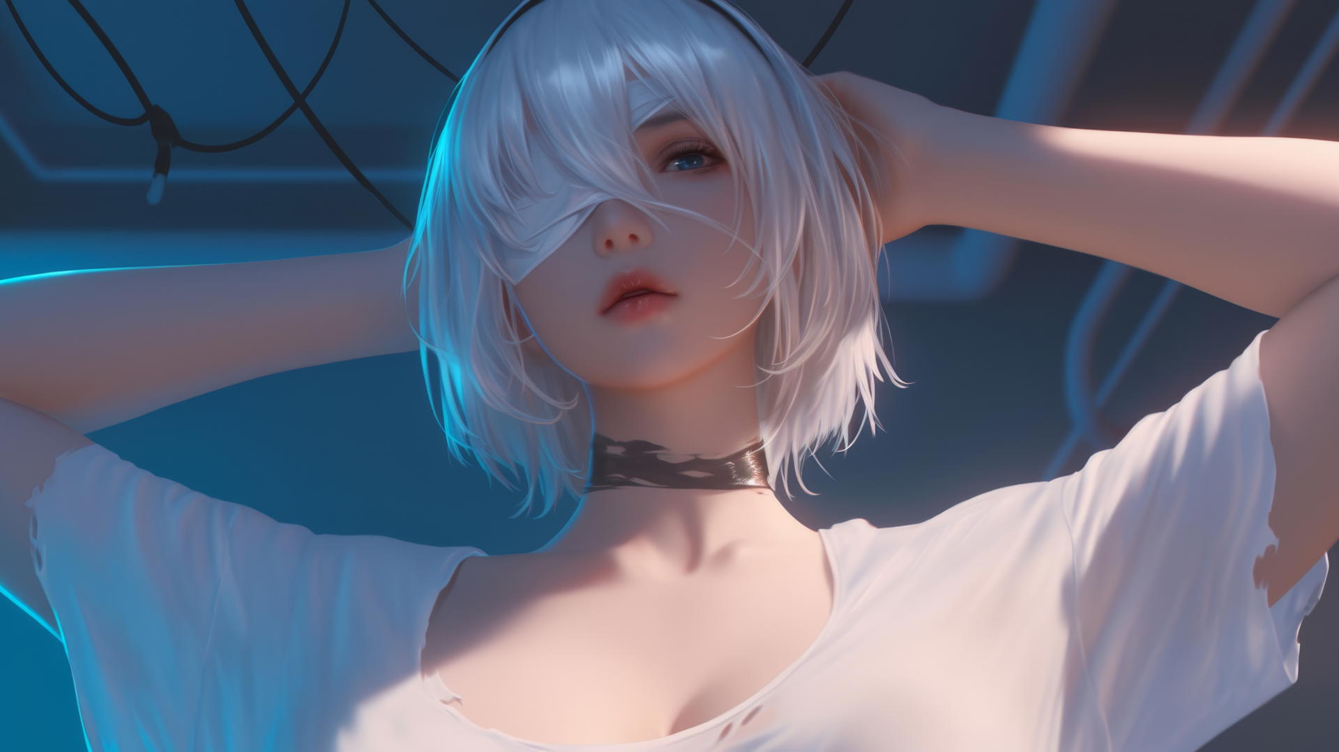 2B from Nier kneeling, wearing broken white t-shirt and blindfold, with neon-lit hotel ceiling in background.