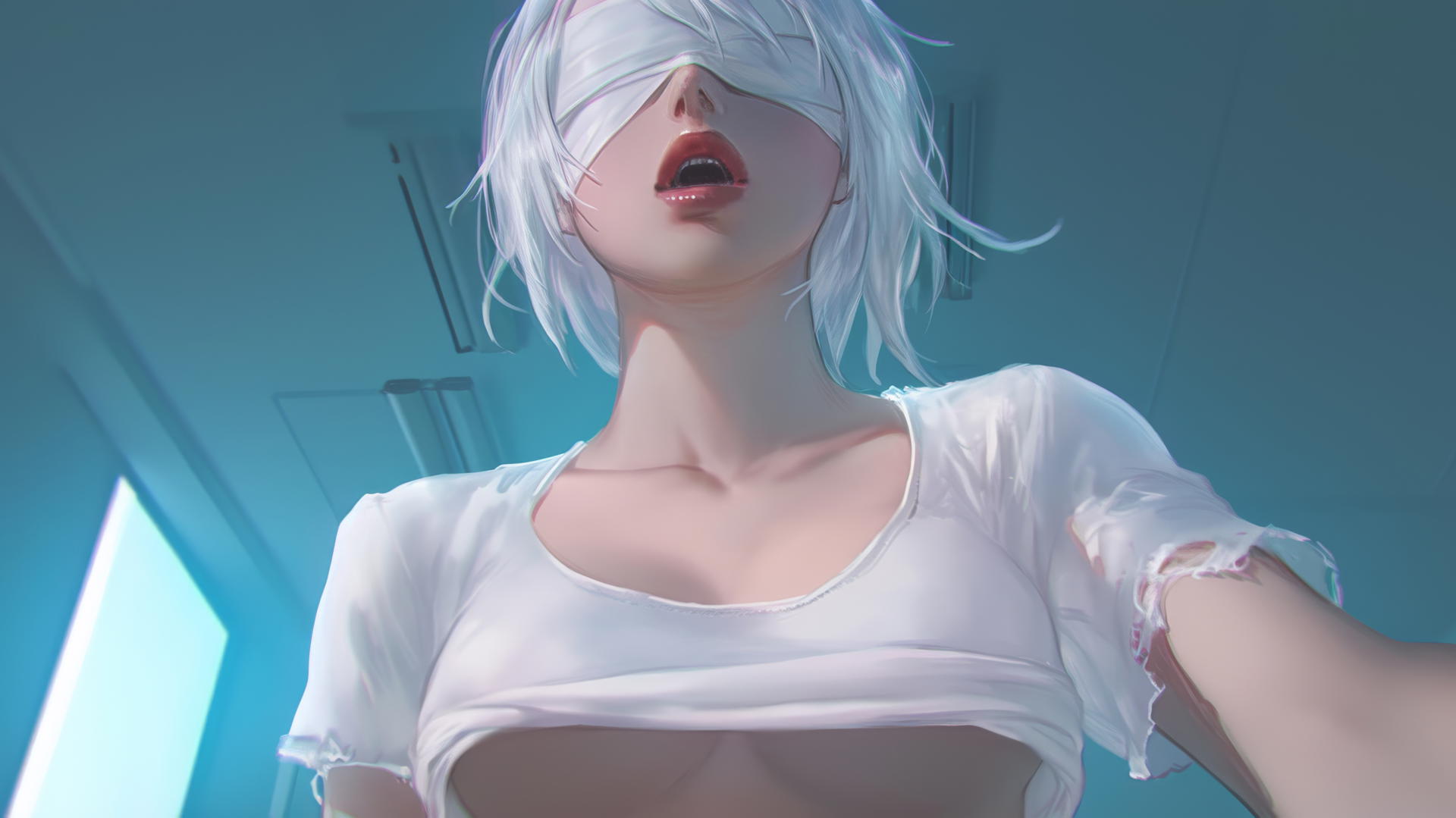 2B from Nier in a torn white t-shirt, blindfolded, leaning and kneeling under neon-lit hotel ceiling, looking down.