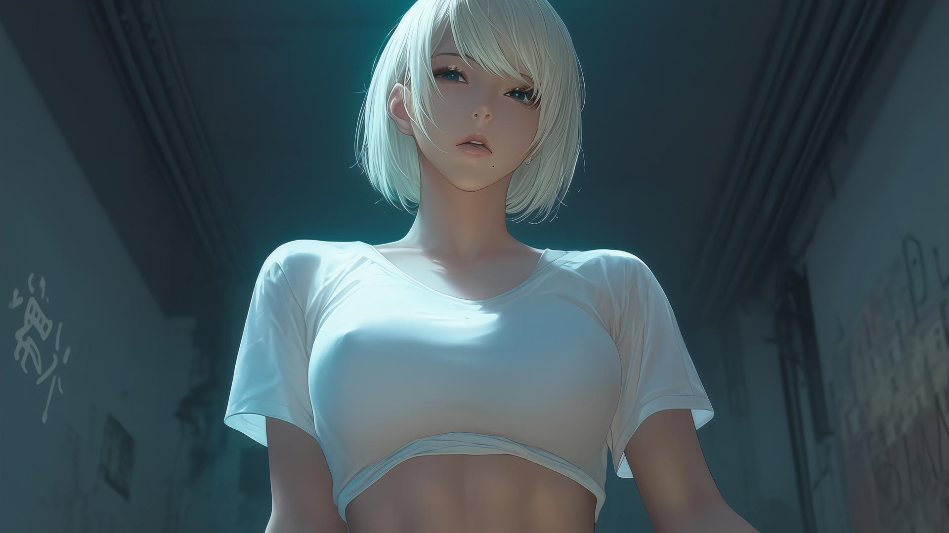 2B from Nier in a broken white t-shirt and blindfold, leaning and howling under neon-lit hotel ceiling.