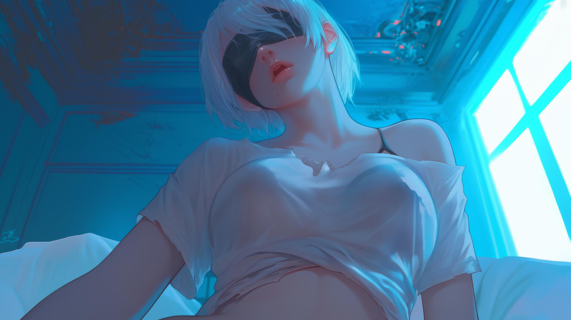 2B from Nier in a broken white T-shirt, kneeling and leaning toward the viewer with a hotel ceiling and neon lights behind her.