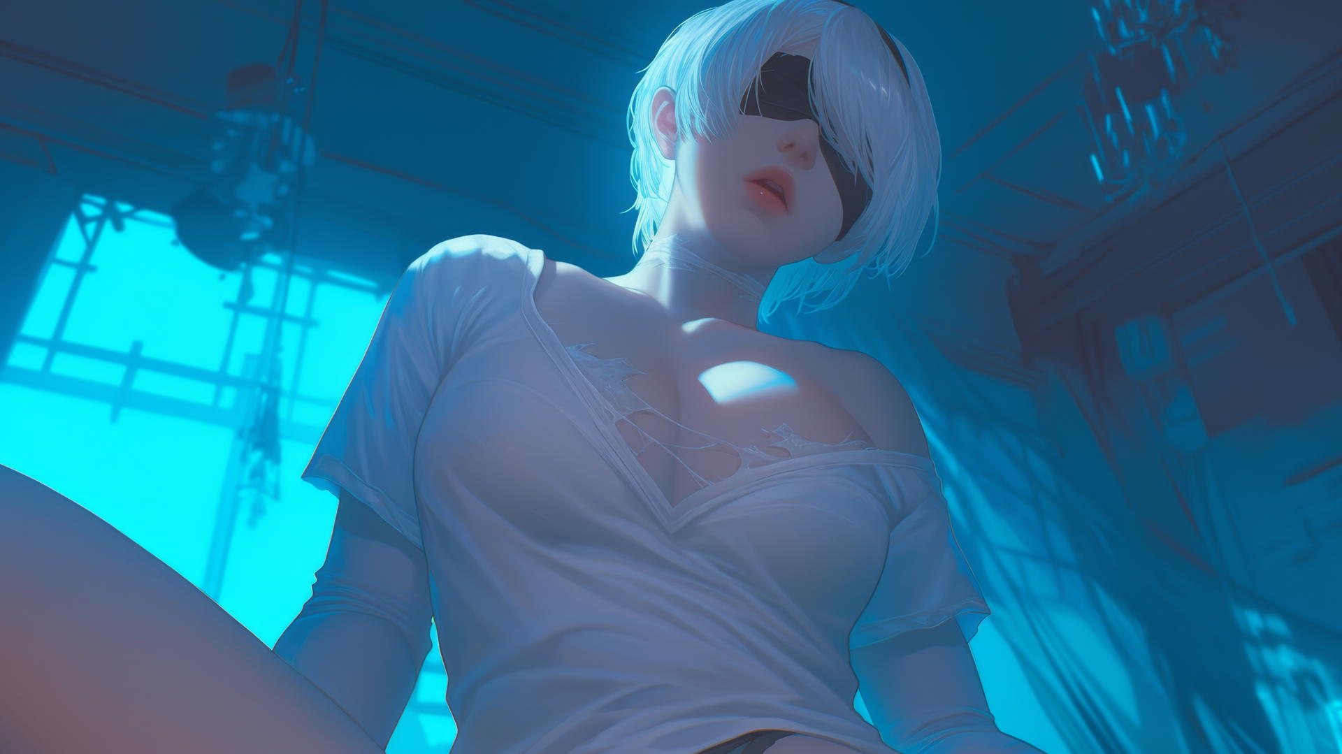 2B from Nier in a broken white T-shirt, howling, under a neon-lit hotel ceiling, looking down.