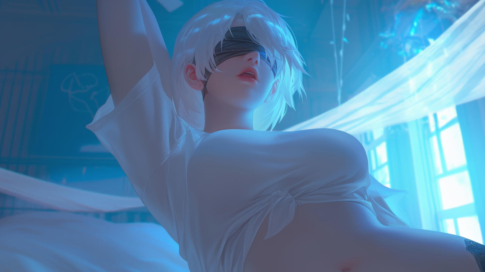 2B from Nier in a broken white T-shirt howling under neon hotel ceiling.