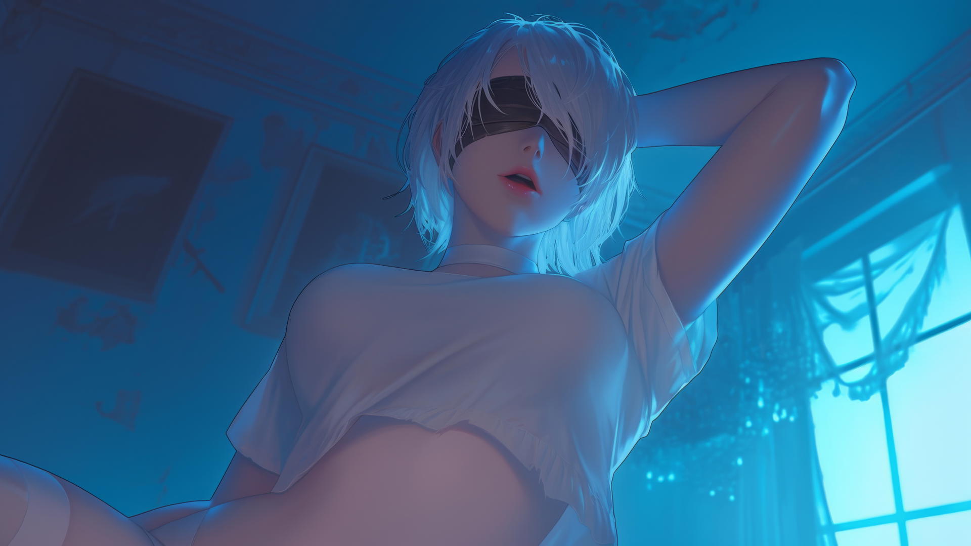 2B from Nier howling, kneeling, and looking down, in broken white t-shirt, with neon-lit hotel ceiling background.