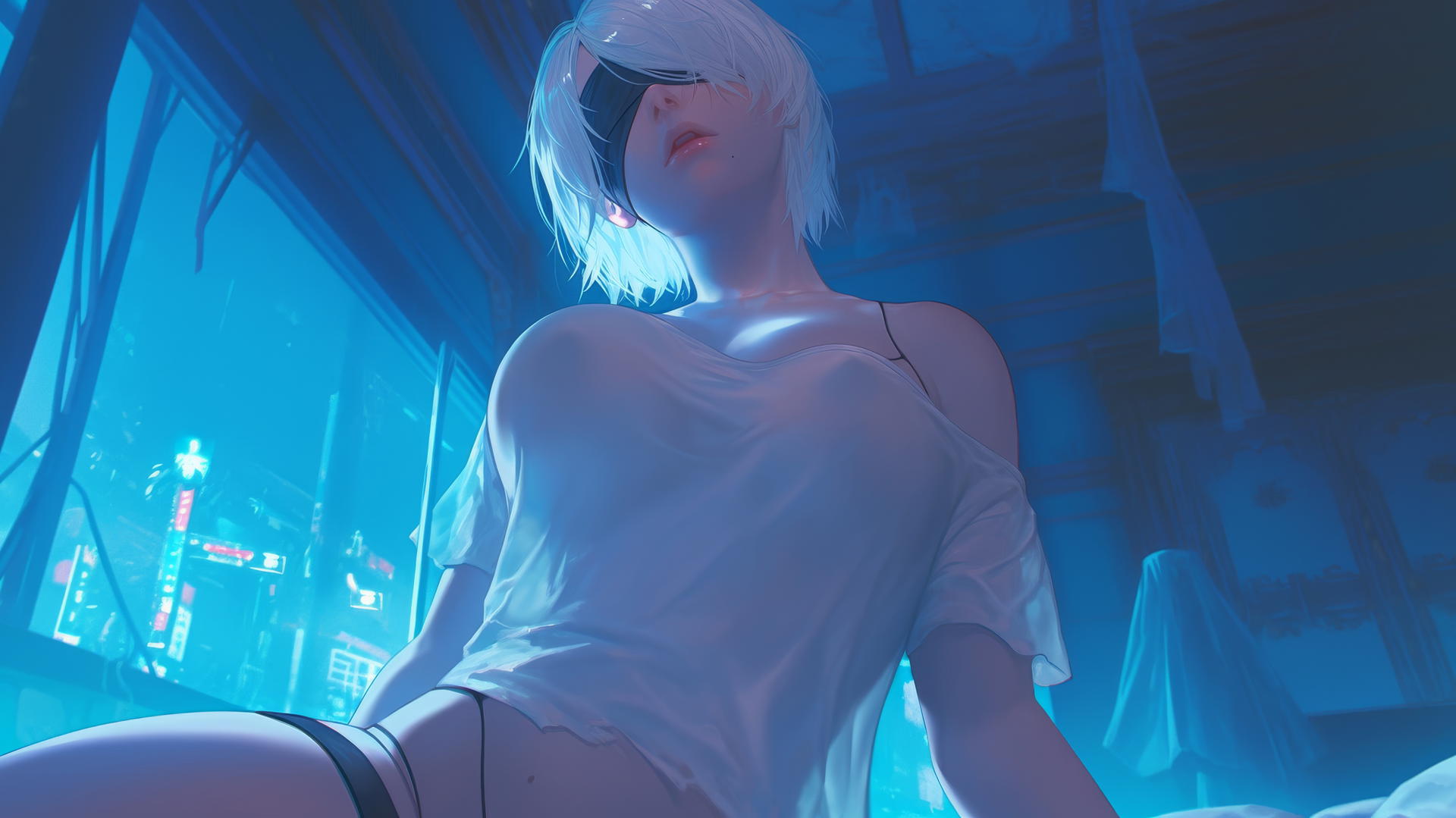 2B from Nier in a broken white t-shirt, kneeling and leaning forward under a neon-lit hotel ceiling.
