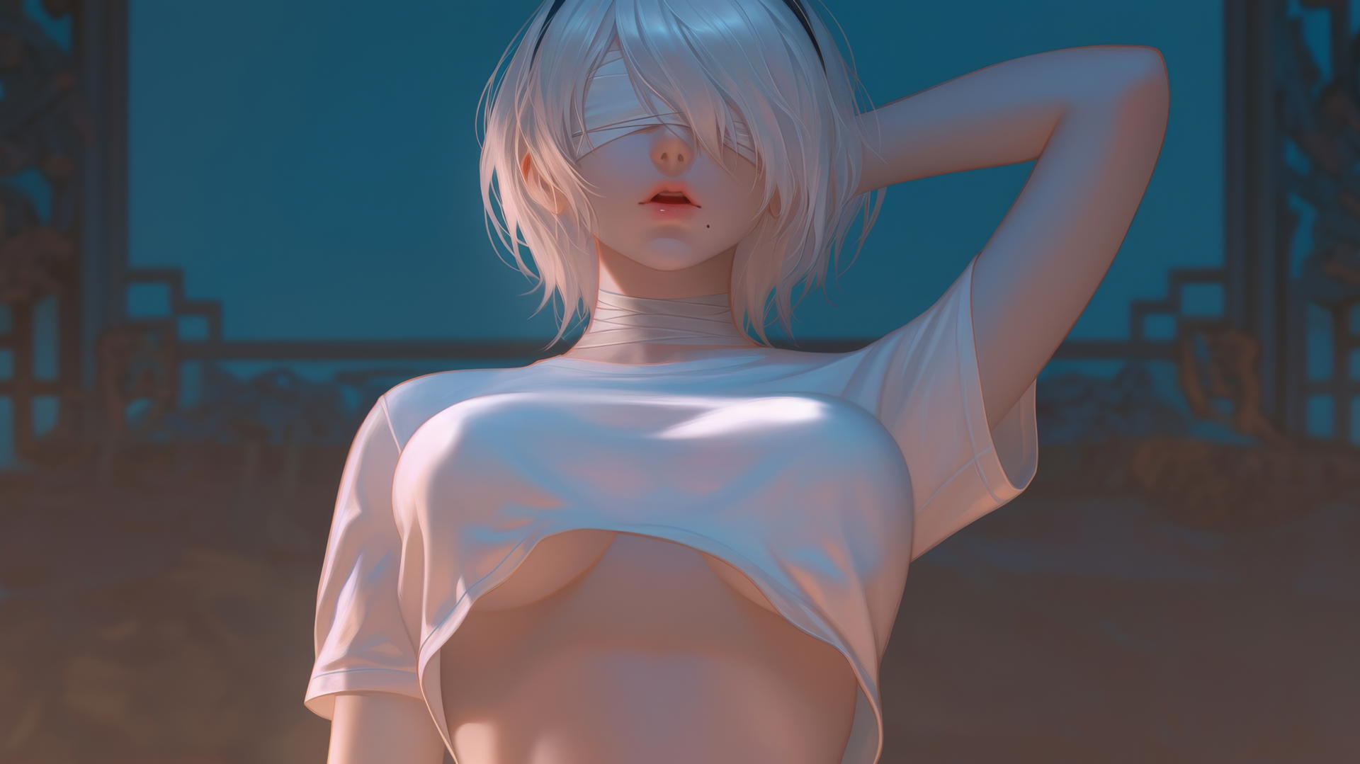 2B from Nier, wearing a broken white t-shirt and blindfold, leaning and looking down with neon-lit hotel ceiling behind her.
