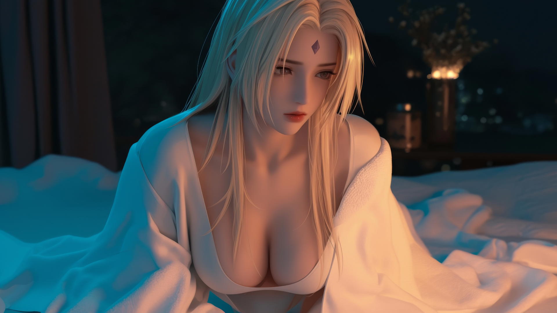 Tsunade from Naruto under a blanket with a flashlight's warm glow