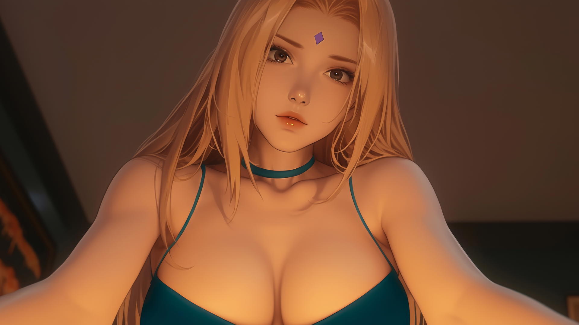 Tsunade from Naruto, blonde hair, brown eyes, hotel ceiling background, warm neon light
