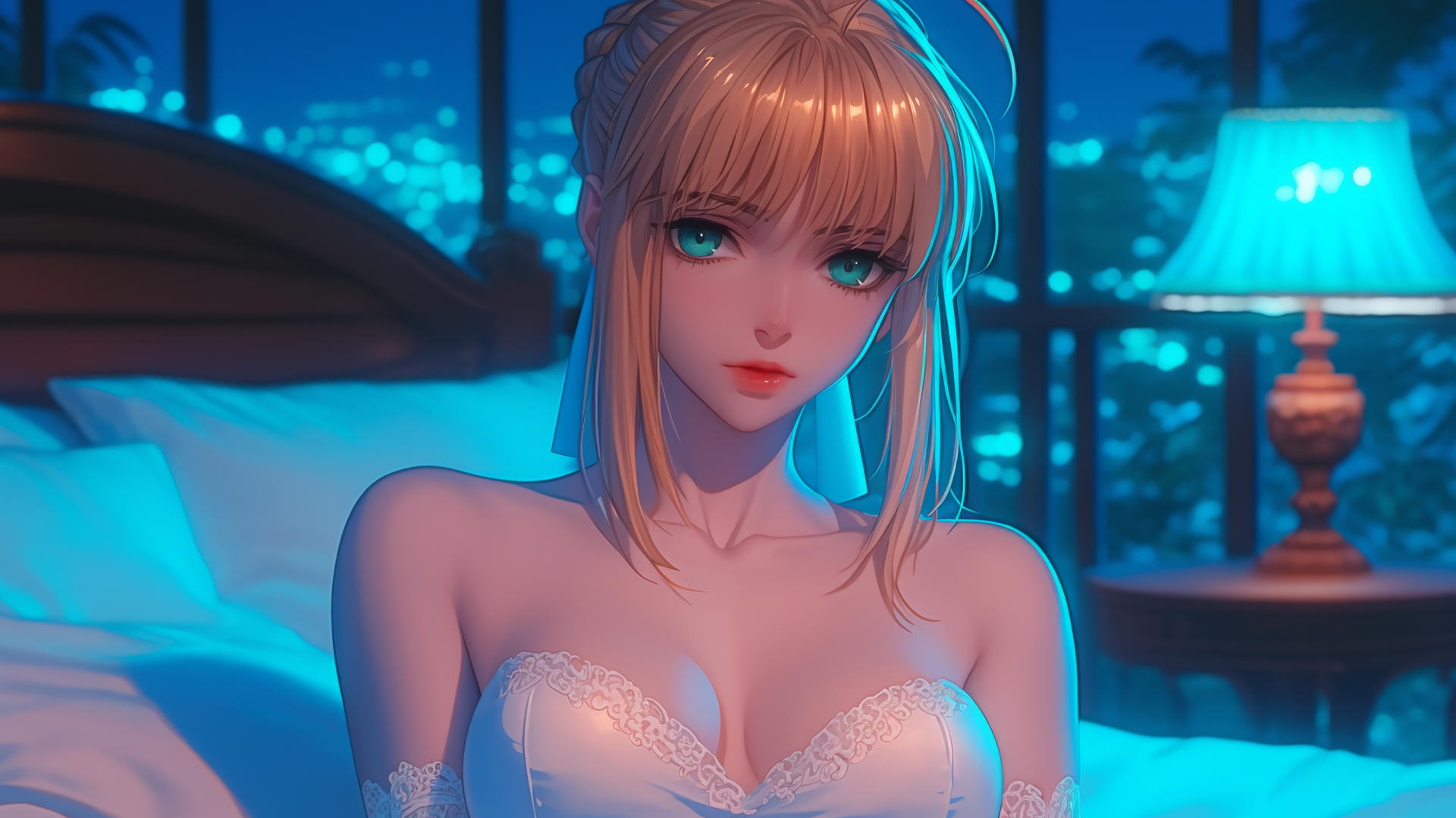Saber from Fate Zero resting in a modern hotel room with moonlight.